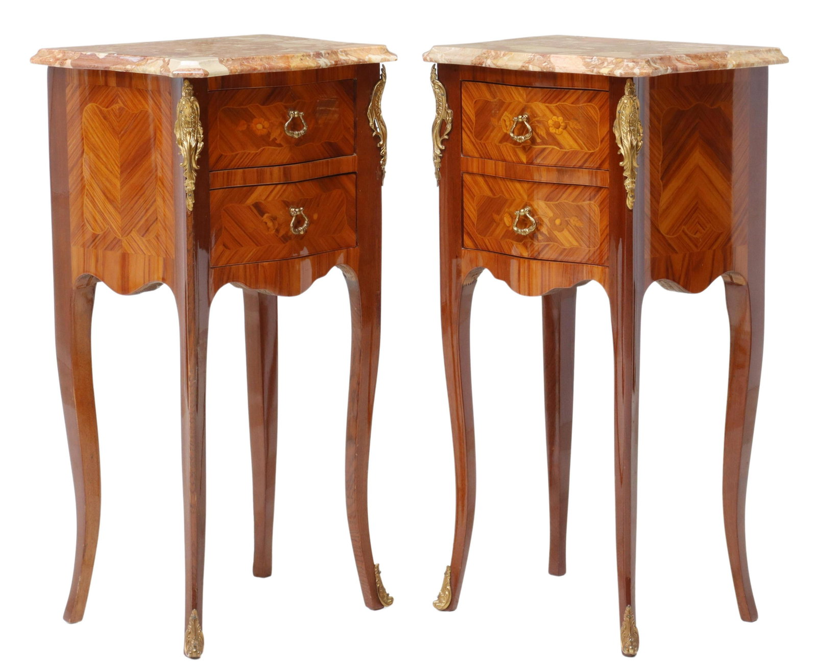 (2) FRENCH LOUIS XV STYLE MARBLE-TOP NIGHTSTANDS: (pair) French Louis XV style marble-top nightstands, late 20th c., rosewood veneered case, accented with floral marquetry, two drawers, rising on cabriole legs, ending in front sabots, approx 28.25"h,