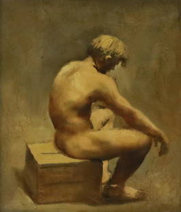 WALTER STUEMPFIG (1914-1970) SEATED BOY, 12" X 10": Framed oil on canvas painting, "Seated Boy," signed on stretcher W. Stuempfig (Walter Stuempfig, American, 1914-1970), sight: approx 11.5"h, 9.5"w, overall: 15.25"h, 13.25"w, 1.5lbs **Provenance: From