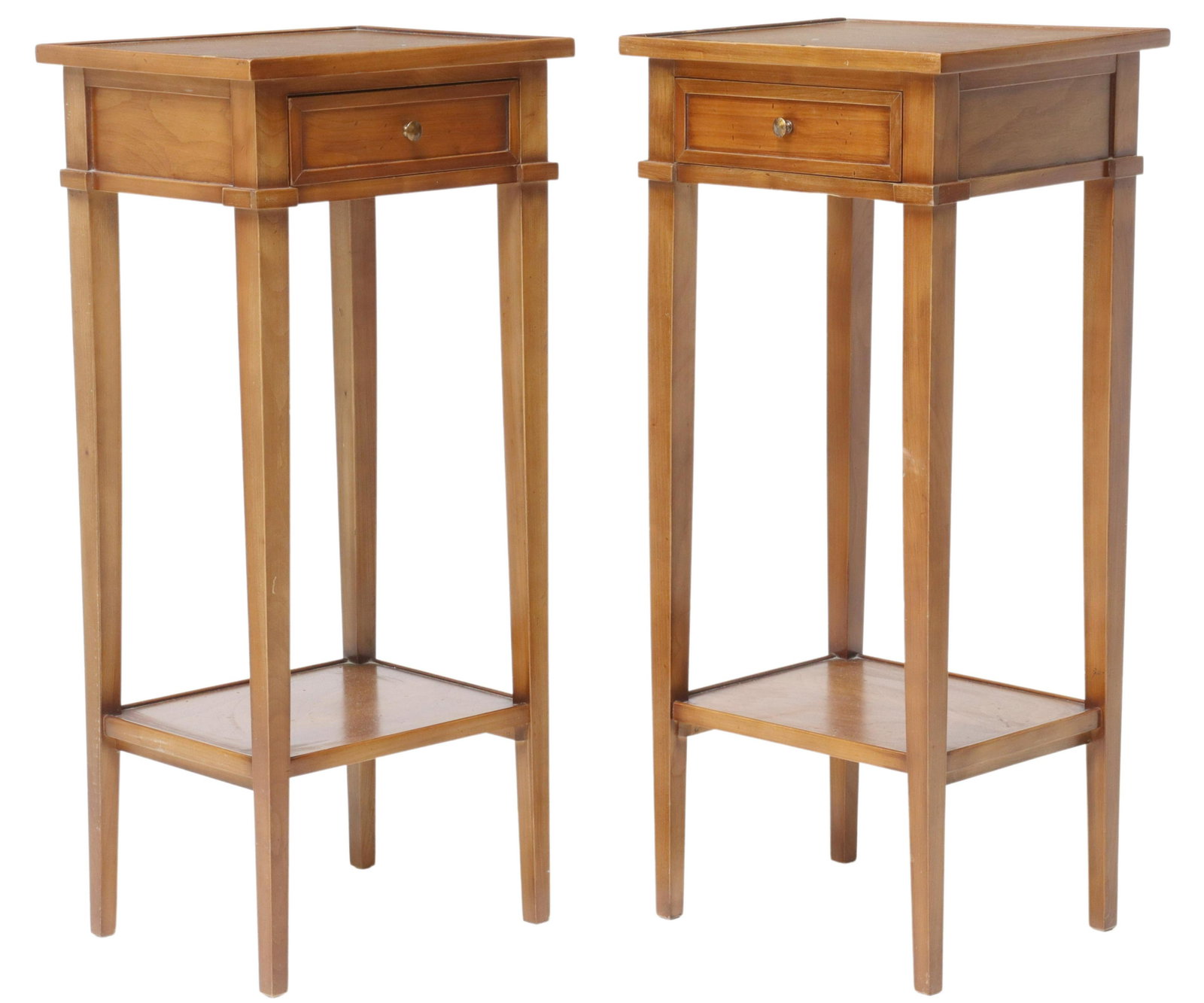 (2) FRENCH LOUIS XVI STYLE FRUITWOOD NIGHTSTANDS: (pair) French Louis XVI style fruitwood nightstands, 20th c., having shallow gallery, over single drawer, above medial shelf, rising on tapered legs, approx 29.5"h, 13.25"w, 11.25"d Start Price: $200.