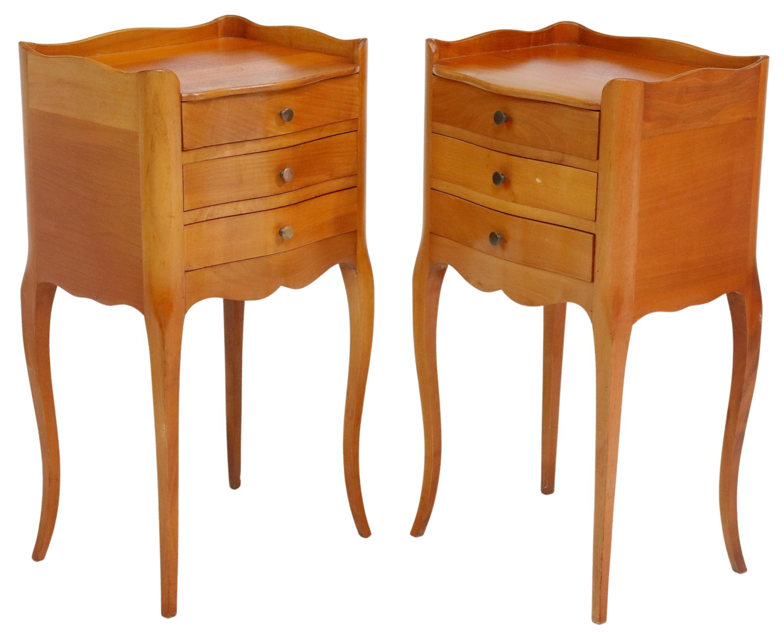 (2) FRENCH LOUIS XV STYLE FRUITWOOD NIGHTSTANDS: (pair) French Louis XV style fruitwood nightstands, 20th c., having scalloped gallery, over three drawers, rising on cabriole legs, approx 27.25"h, 14.5"w, 11"d Start Price: $150.00