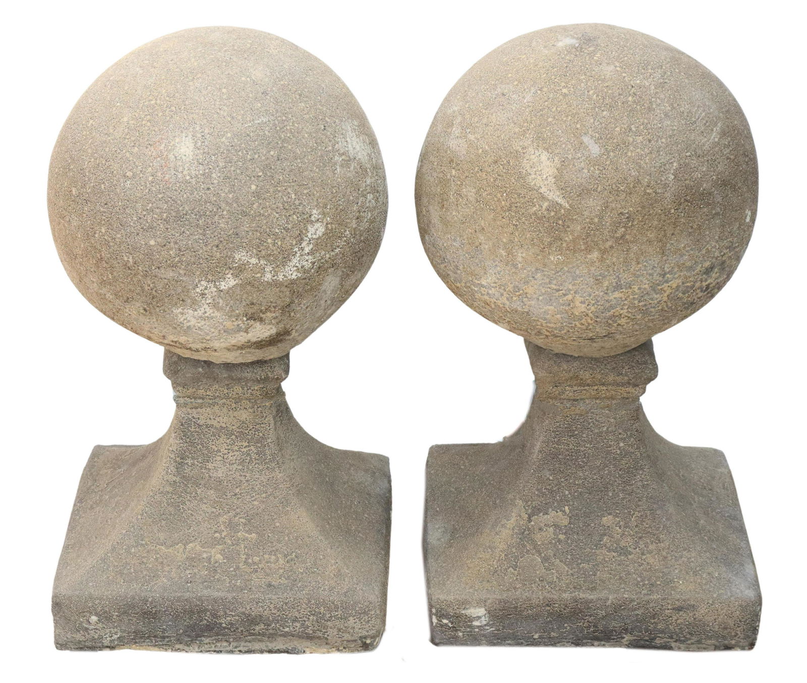(2) CAST STONE BALL PIERS ON PANELED BASE, 24"H: (pair) Cast stone ball-form piers, late 20th c., on integral paneled base, approx 24"h, 13"w, 13"d **PLEASE NOTE: All of the cast stone and garden pieces in this auction have inherent flaws and eviden