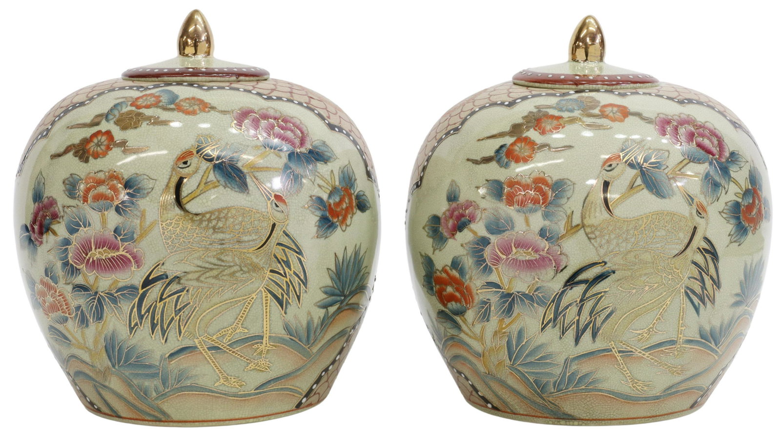 (2) CHINESE PARCEL GILT PORCELAIN MELON JARS: (pair) Chinese porcelain lidded melon jars, 20th c., with central crane and floral motifs, parcel gilt accents, beaded trim, approx 9.5"h, 8.5"diam, 8lbs total Start Price: $50.00