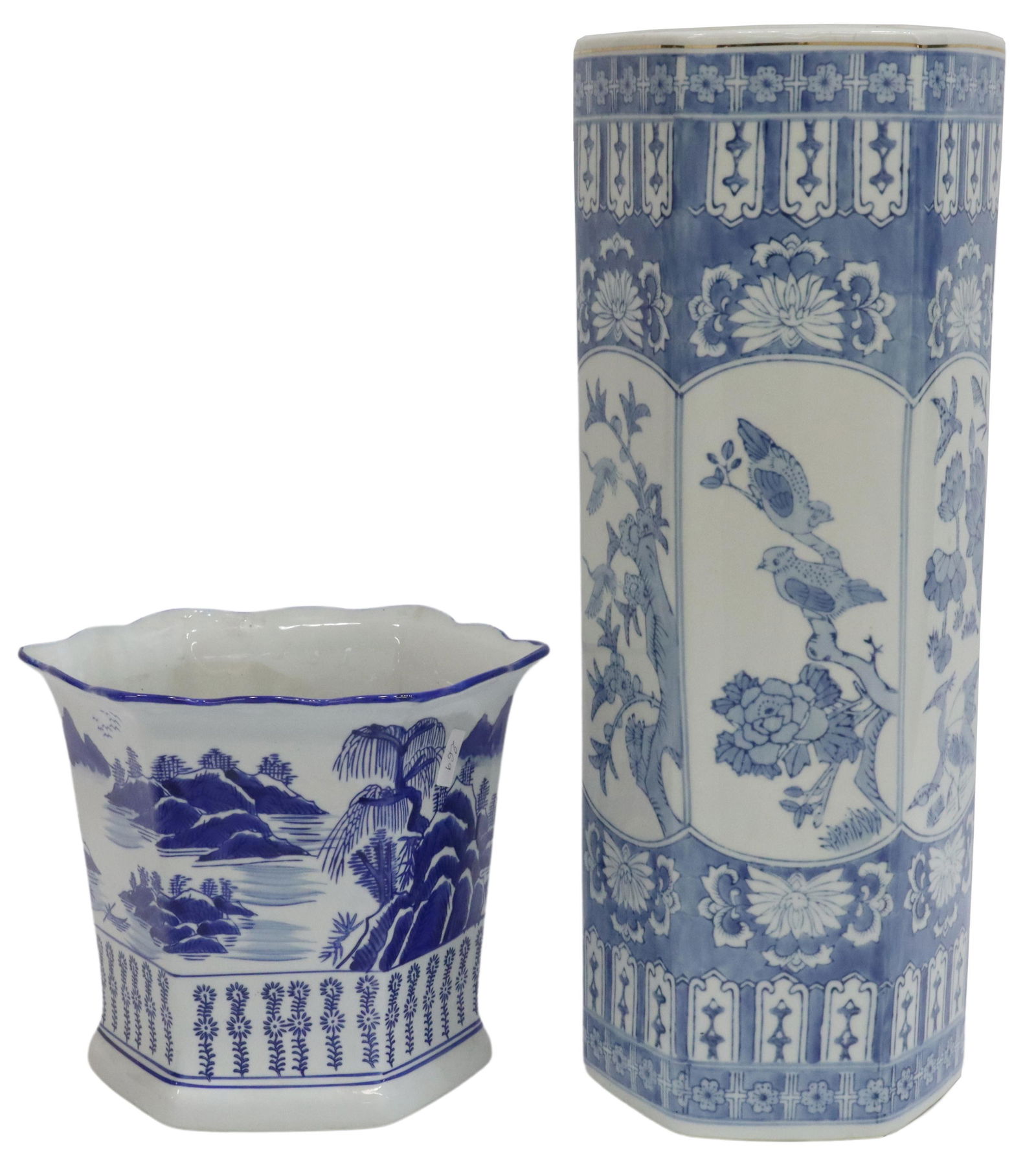 (2) ASIAN BLUE & WHITE UMBRELLA STAND, CACHE POT (1 of 4)
