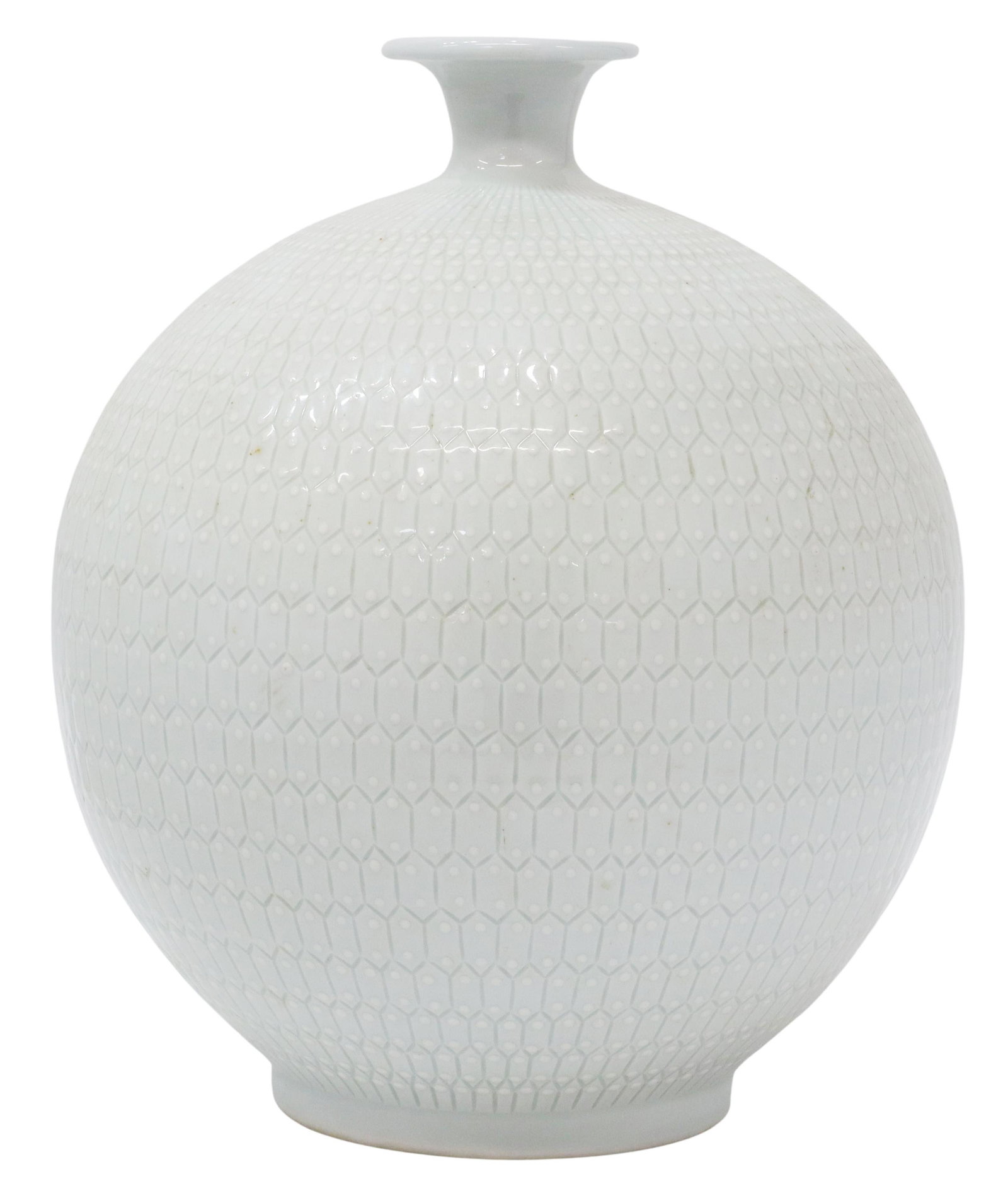 JAPANESE WHITE PORCELAIN GLOBULAR VASE: Japanese porcelain globular/ pomegranate-form vase, marked underfoot, approx 10 5/8"h, 8.75"diam, 8lbs **Provenance: An important San Antonio estate** Start Price: $60.00