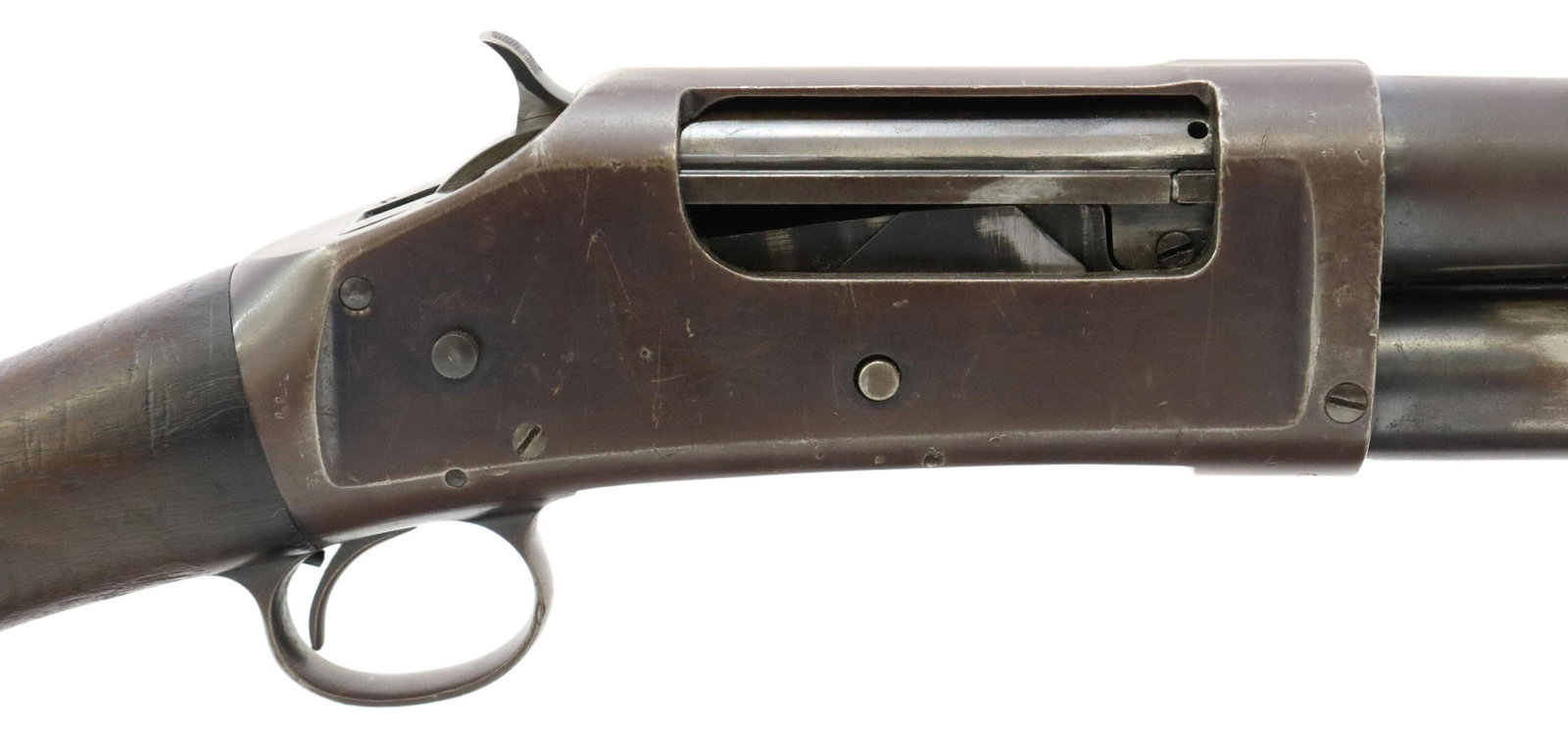 WINCHESTER 1917 TRENCH GUN, POLICE DEPT. MARKINGS: U.S. Winchester Model 1897 Trench Gun, mfg. 1917, slide action, 12 gauge, 20" barrel with cylinder choke, bayonet lug with last patent date "Mar. 19, 1918", barrel top marked with two line address, pa