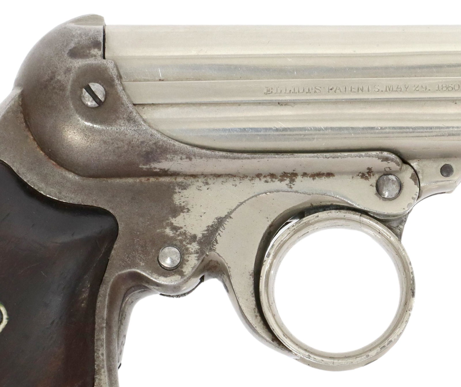 REMINGTON-ELLIOT DERINGER RING TRIGGER .32RF CAL: Remington-Elliott Deringer, nickel plated, .32RF caliber, four 3.3/8" ribbed barrels marked at left side "Manufactured by E. Remington & Sons, Ilion, N.Y.", marked at right side "Elliots' Patents. May