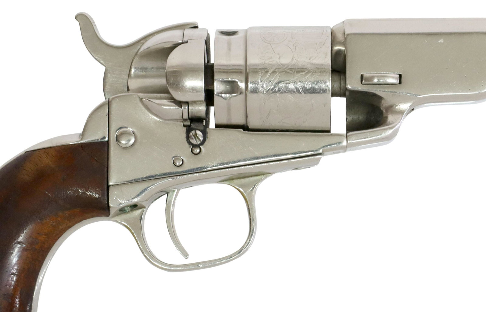 COLT CONVERSION 4.5" OCTAGONAL BRL .38 CALIBER: Colt Conversion 4.5" Octagonal Barrel Revolver, .38RF caliber, nickel finish, the barrel top marked "Address Col. Saml Colt New-York US America", lacks barrel lug plug, five round cylinder with crisp 
