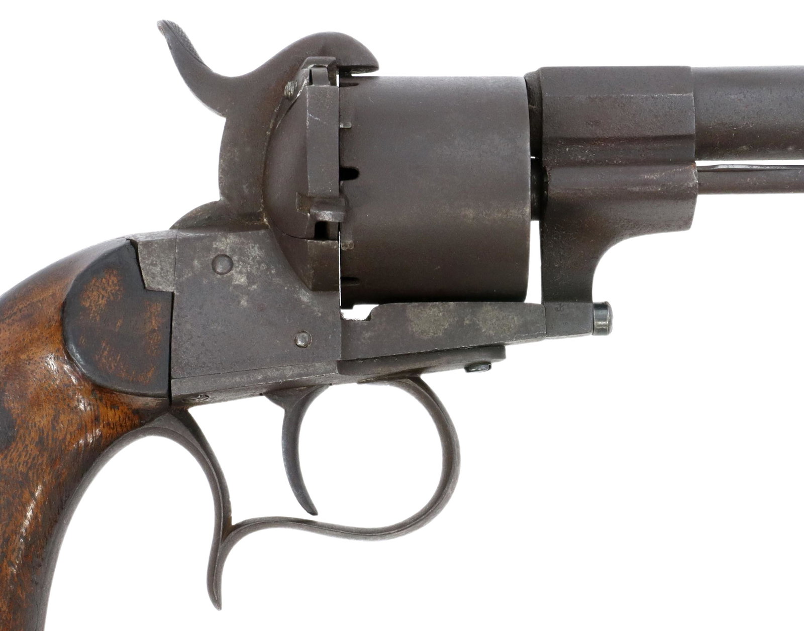 LeFAUCHEUX CIVIL WAR ERA PIN FIRE REVOLVER: French LeFaucheux Model 1854 pin fire 12mm revolver, 6" part octagonal round barrel above the ejector rod, fixed front sight, six round cylinder, trigger guard with finger rest, walnut grips over the 
