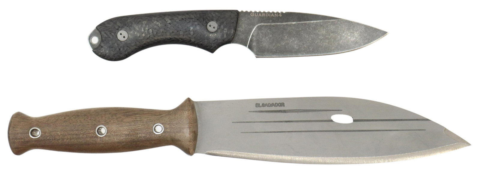 (2) BRADFORD GUARDIAN 4 & CONDOR BUSH FIXED KNVES: (lot of 2) Fixed blade knives, Both Appear Unused, Like New: (1) Bradford 'Guardian 4' , overall 9.125"l, blade is 4.625"l, RC 60-61 hardness, housed in brown leather sheath; (1) Condor 'Primitive Bus