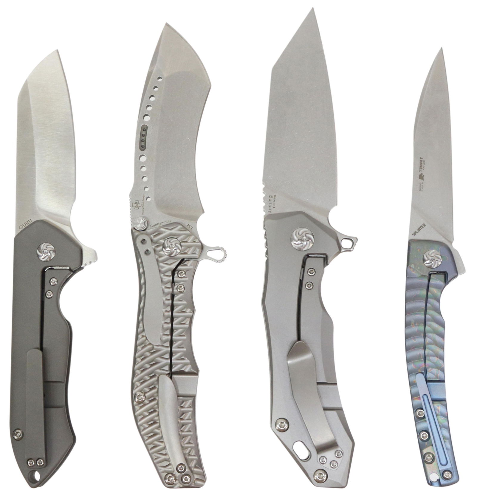 (4) KIZER FOLDING FLIP KNIVES NEW IN ORIGINAL BOX: (lot of 4) Kizer folding knives, new in original boxes with zipper case, polish cloth, attached belt clip: (1) Kizer Gunhammer radian recurve flip blade knife, 3.5" steel blade on a titanium frame; (1