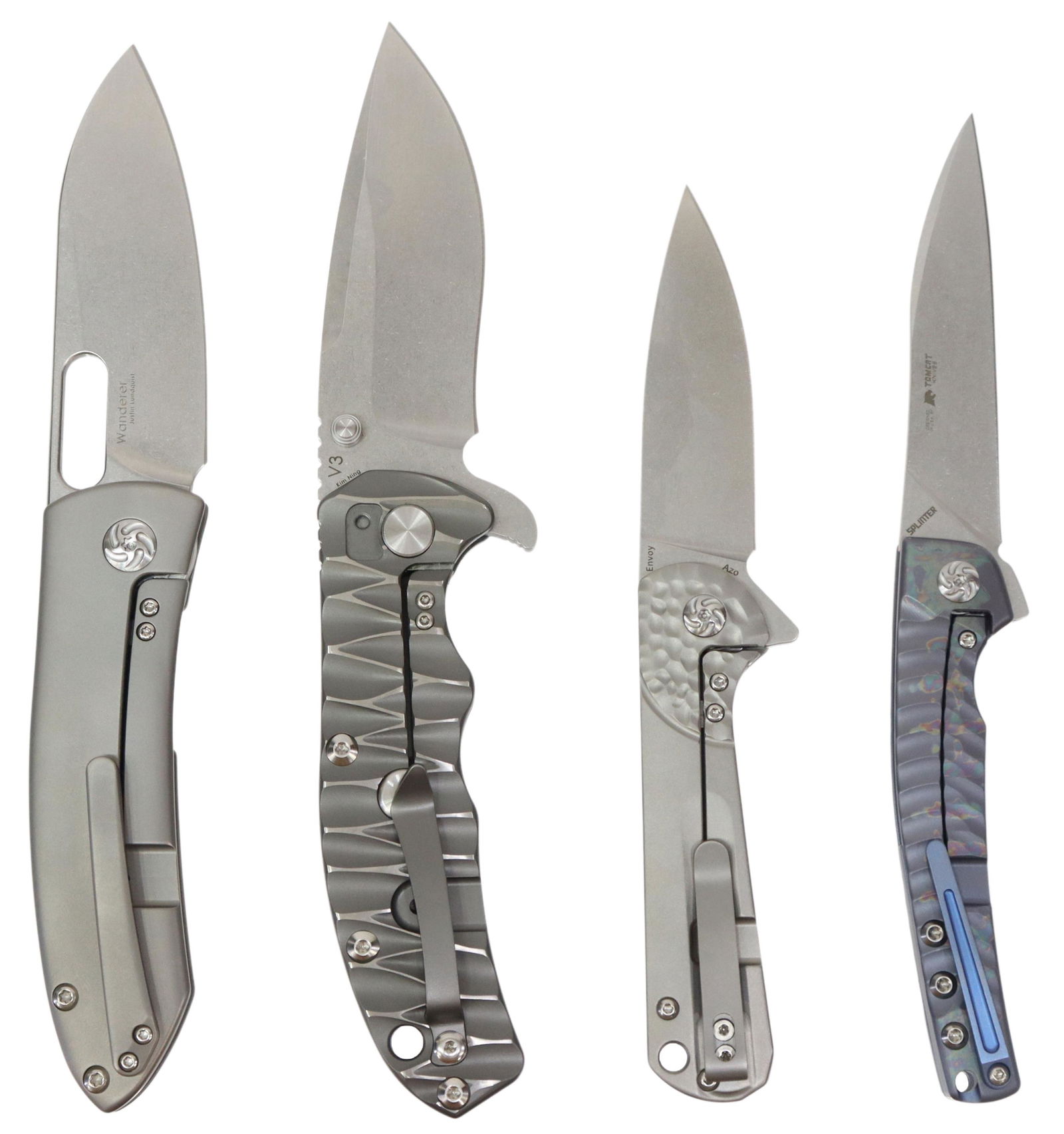 (4) KIZER FOLDING FLIP KNIVES NEW IN ORIGINAL BOX: (lot of 4) Kizer folding knives, new in original boxes with zipper case, polish cloth, attached belt clip: (1) Kizer Wanderer flip knife, 3.44" stainless steel blade, gray finish titanium handle; (1)