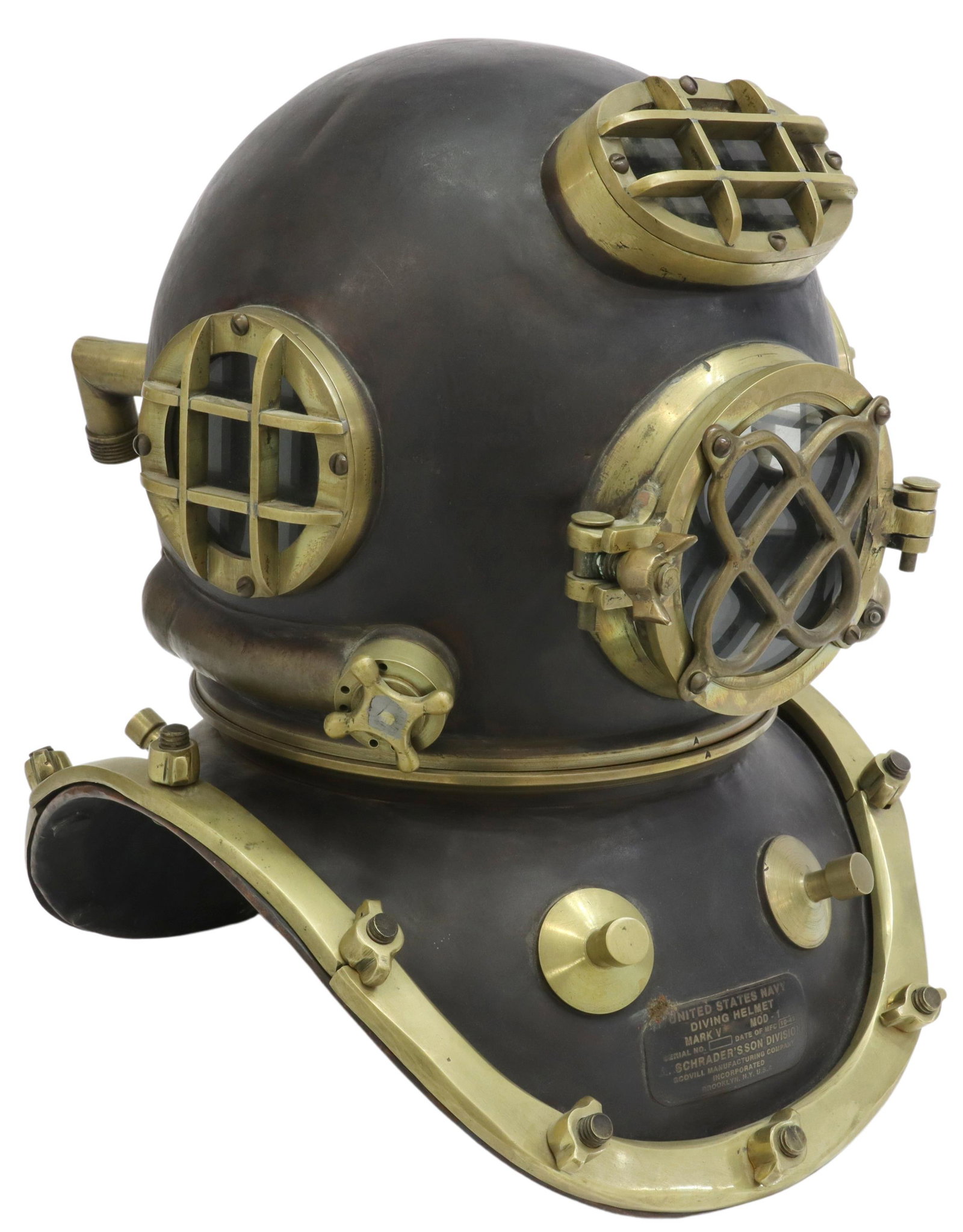 REPLICA UNITED STATES NAVY MARK V DIVING HELMET: Replica United States Navy mark V diving helmet, after the model produced by A. Schrader's Son, Division of Scovill Manufacturing Company, Incorporated, Brooklyn, New York, U.S.A., approx 18"h, 14"w, 
