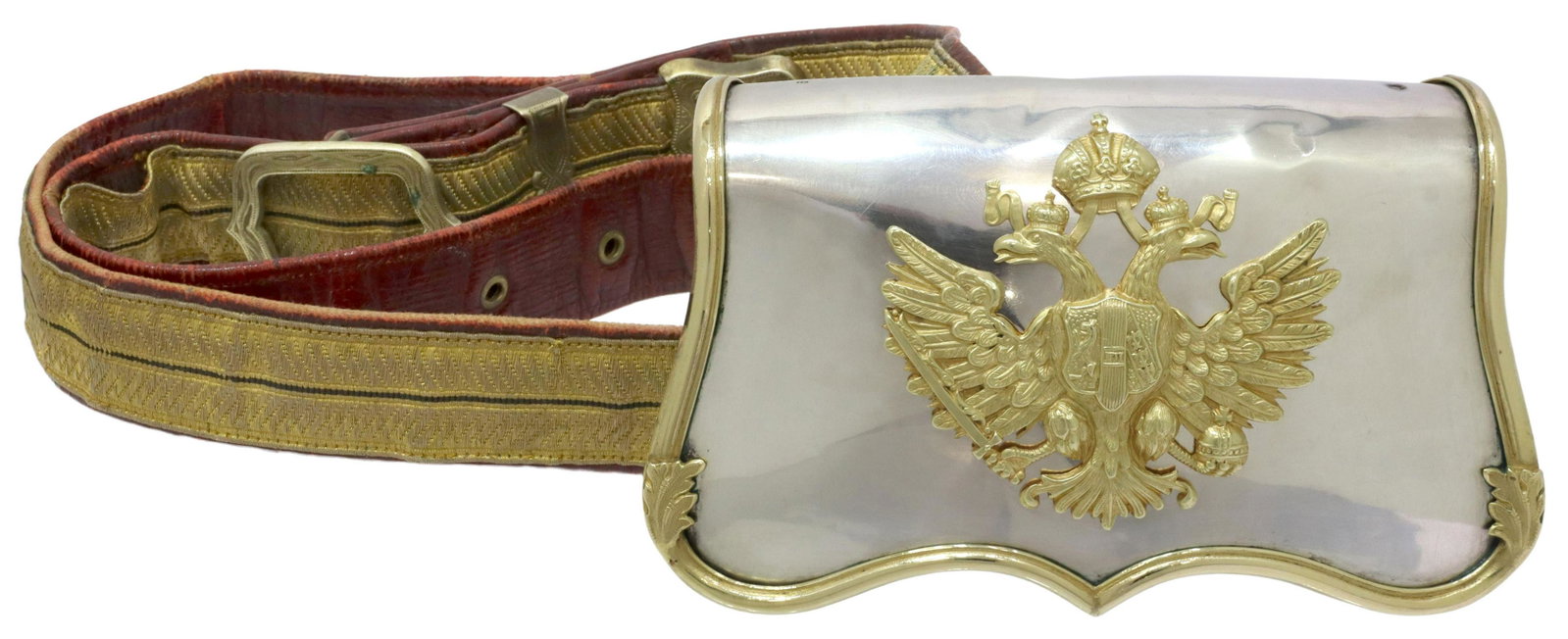 AUSTRO-HUNGARIAN OFFICER'S CARTRIDGE BOX & BELT: Austro-Hungarian officer's bandoleer cartridge box, c.1900, the red leather box with silverplated cover faced with the Imperial double head wing spread eagle with crown and shield, the center shield m