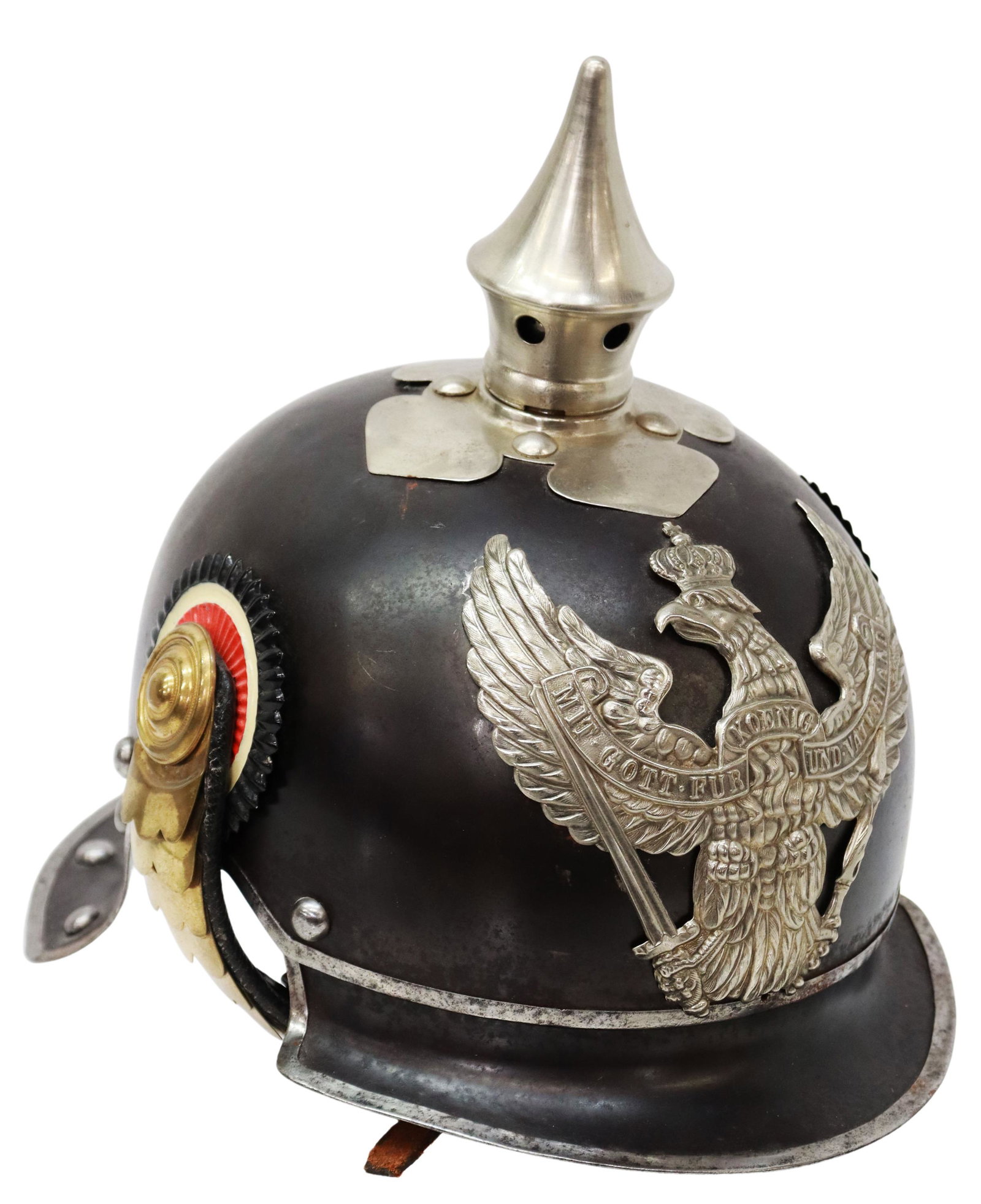 GERMAN PICKELHAUBE M1905 PRUSSIAN HELMET: Reproduction German Pickelhaube, believed to be Model 1905 helmet, steel, displaying the Prussian eagle coat of arms, brass scaled chin strap, one black, white, black Prussian cockade, one black, whit