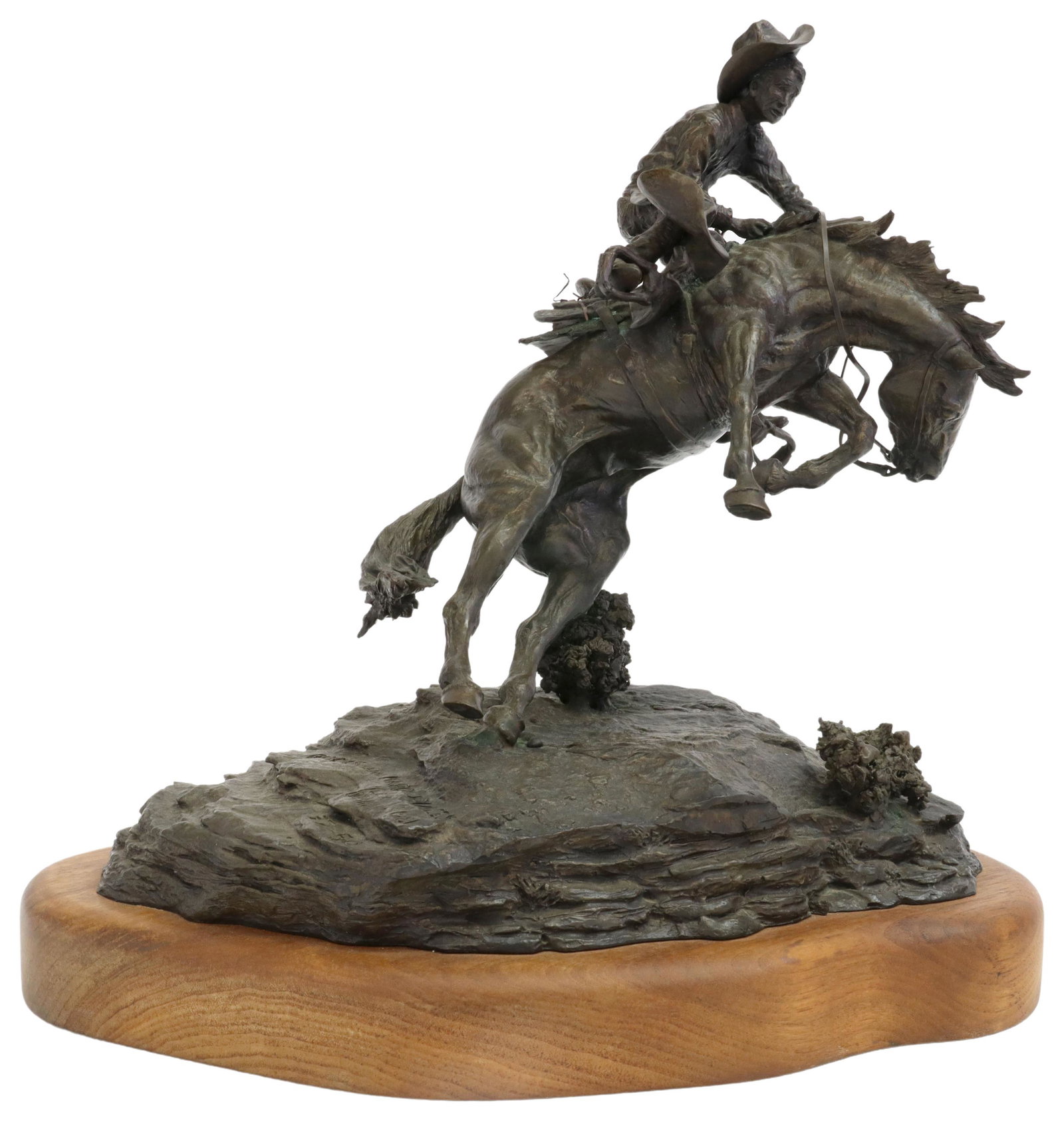 LEX GRAHAM (B.1935) WESTERN BRONZE SCULPTURE: Western patinated bronze sculpture, "Rocks and Hard Places," signed in cast Lex Graham (American, b.1935), numbered 37/ 50, dated 1981, rotating wood base by Paul E. Bryant, Azle, Texas, bronze: appro