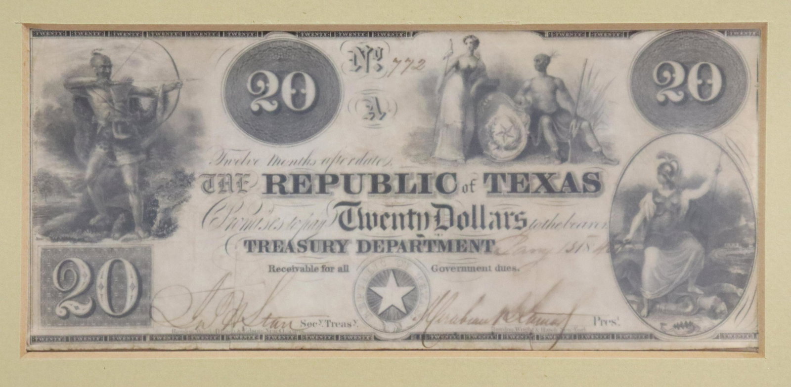REPUBLIC OF TEXAS CURRENCY, $20 NOTE, 1840: Framed Republic of Texas Currency $20 note, serial numbered 772 dated January 13, 1840, signed Mirabeau B. Lamar (1798-1859) as President and Republic of Texas and James Harper Starr (1809-1890) as Tr
