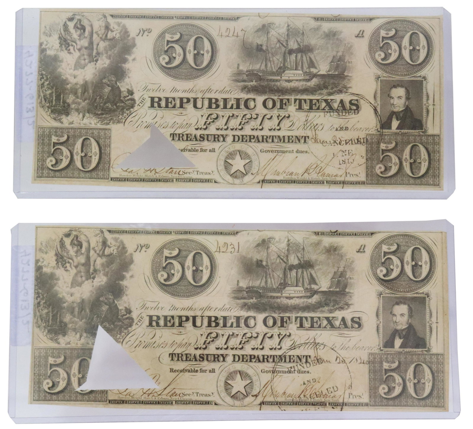 (2) REPUBLIC OF TEXAS CURRENCY, $50, 1840 SIGNED: (2) Republic of Texas Currency, serial numbered 4231 dated January 25, 1840 and 4247 dated January 25, 1840, each signed Mirabeau B. Lamar (1798-1859) President and James Harper Starr (1809-1890) as T