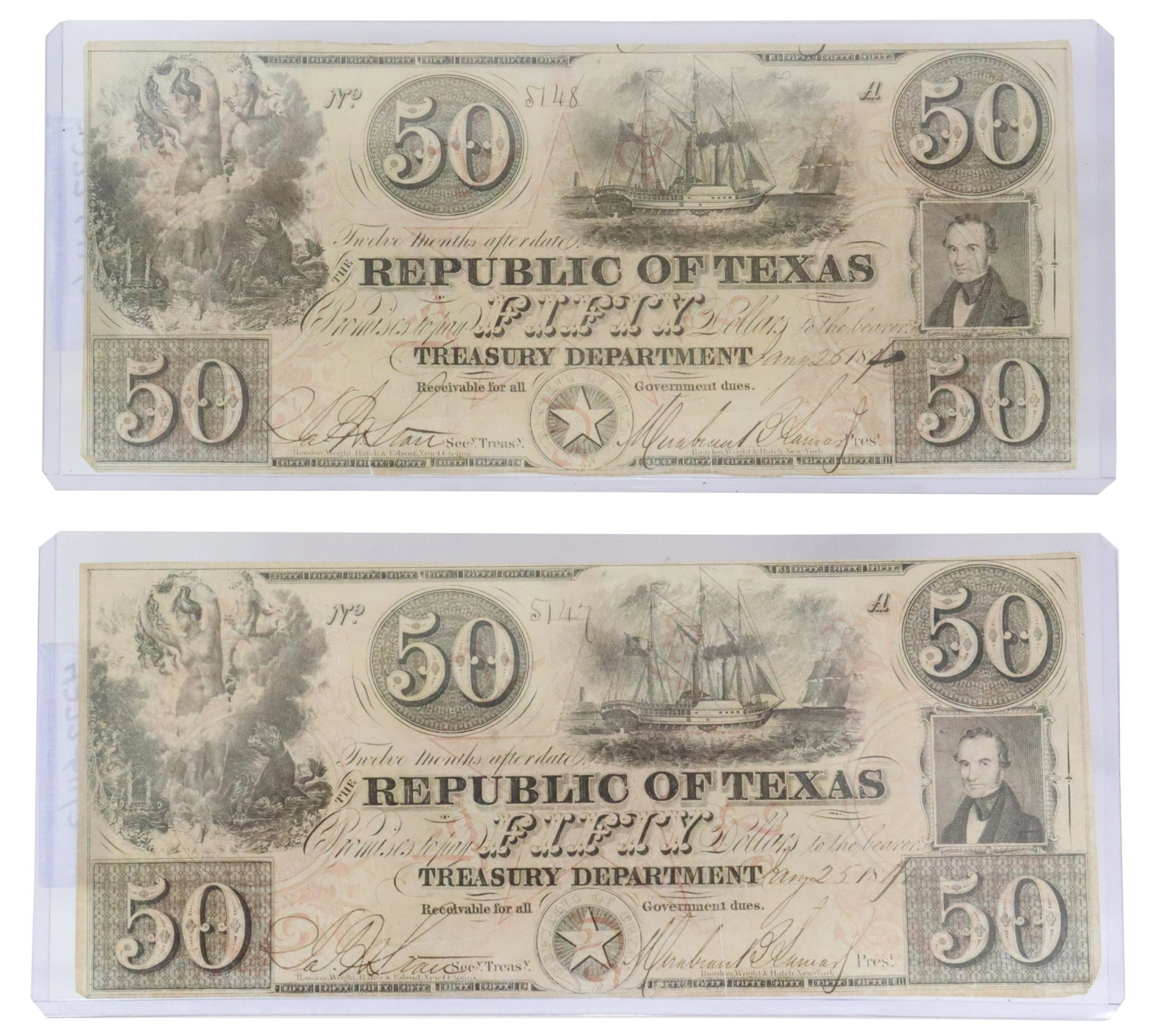 (2) REPUBLIC OF TEXAS $50 NOTE, CONSEC SERIAL NO'S: (2) Republic of Texas Currency, both dated Jan 25, 1840 and consecutively serial numbered 5147 and 5148, each signed Mirabeau B. Lamar (1798-1859) as President and James Harper Starr (1809-1890) as Tr