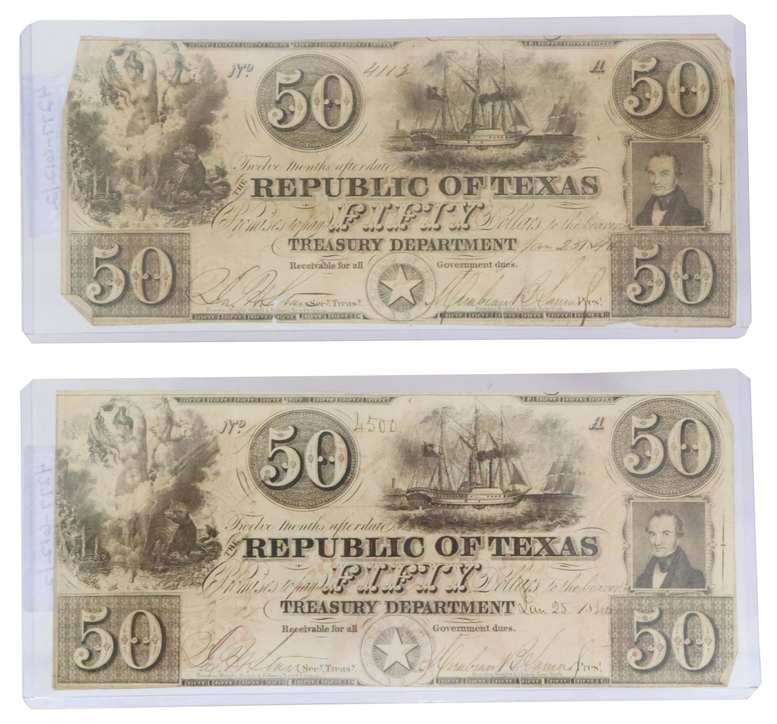 (2) REPUBLIC OF TEXAS CURRENCY, $50, 1840 SIGNED: (2) Republic of Texas Currency, serial numbered 4112 dated January 23, 1840 and 4500 dated January 25, 1840, each signed Mirabeau B. Lamar (1798-1859) as President and James Harper Starr (1809-1890) a