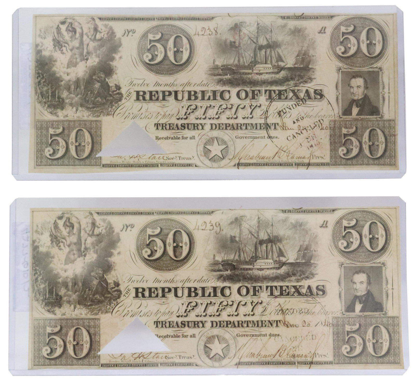 (2) REPUBLIC OF TEXAS $50 NOTE, CONSEC SERIAL NO'S: (2) Republic of Texas Currency, both dated Jan 25, 1840 and consecutively serial numbered 4238 and 4239, each signed Mirabeau B. Lamar (1798-1859) as President and James Harper Starr (1809-1890) as Tr