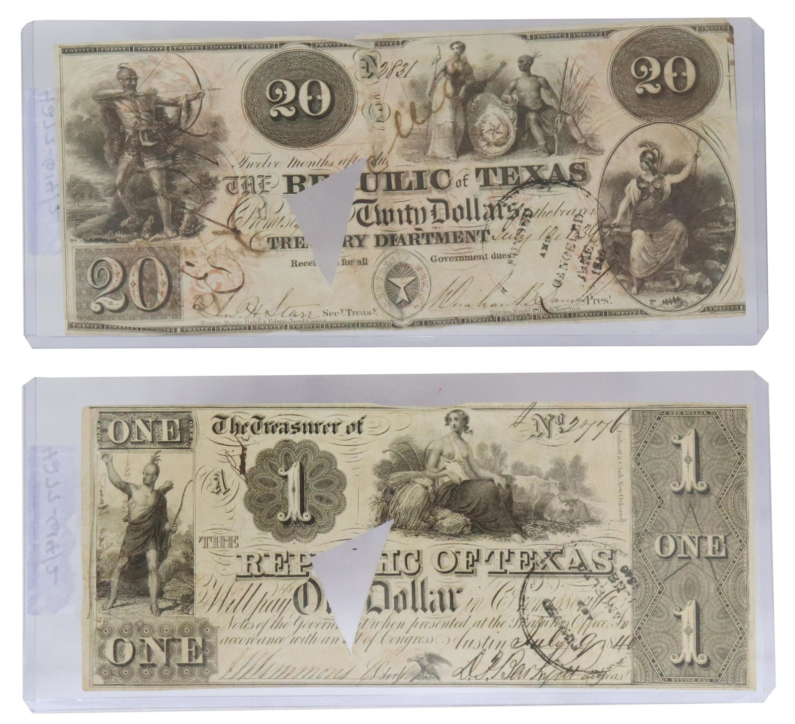(2) REPUBLIC OF TEXAS CURRENCY, $20 AND $1 NOTES: (2) Republic of Texas Currency notes:(1) $20 note, serial numbered 2831 dated July 10, 1839, signed Mirabeau B. Lamar (1798-1859) as President; (1) $1 note serial numbered 2776 dared July 9, 1840, sig