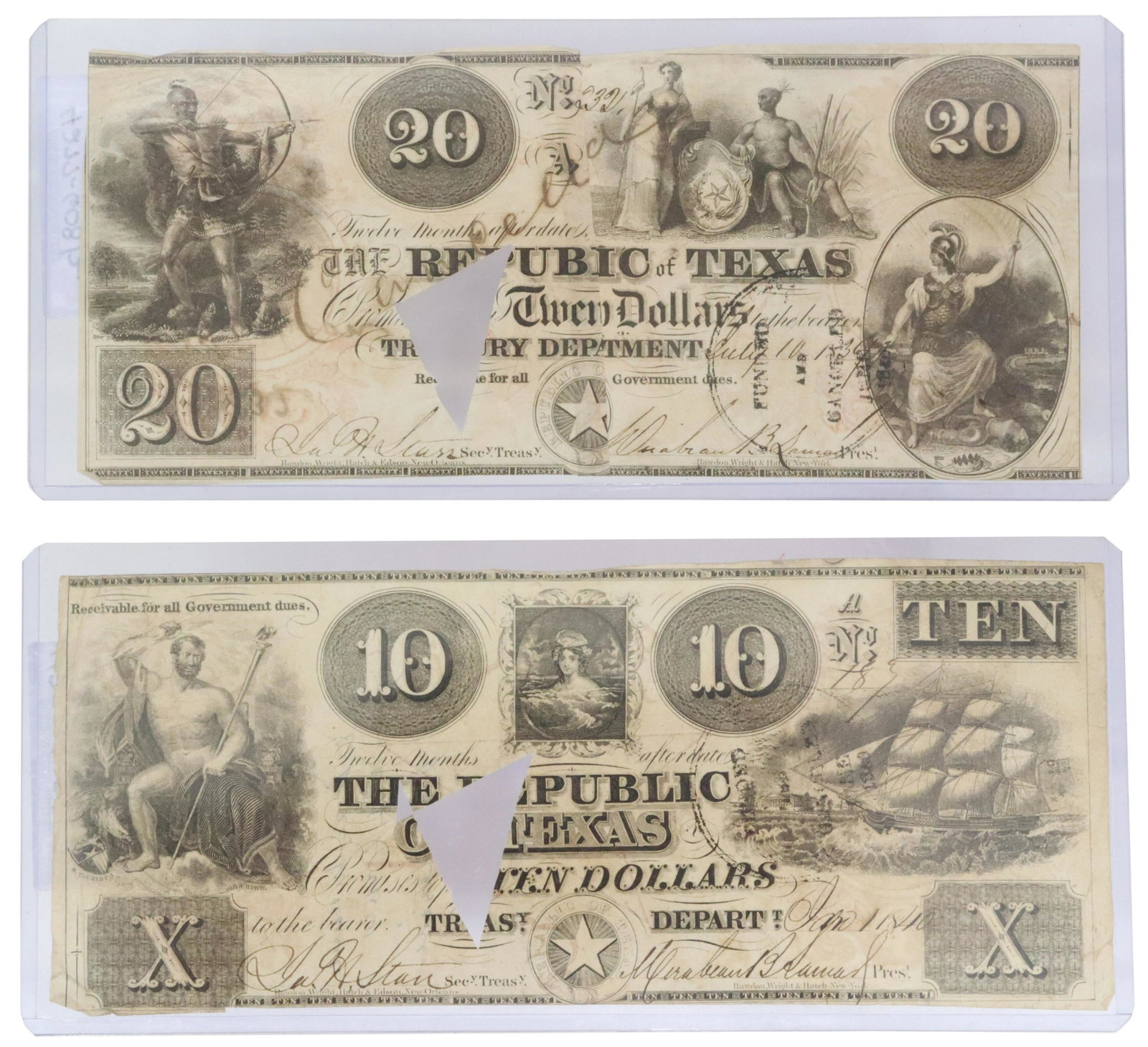 (2) REPUBLIC OF TEXAS NOTES MIRABEAU B. LAMAR SIGN: (lot of 2) Republic of Texas currency, each signed Mirabeau B. Lamar (1798-1859) as President and James Harper Starr (1809-1890) as Treasurer: (1) $10 note dated January 1, 1840; (1) $20 note dated Ju