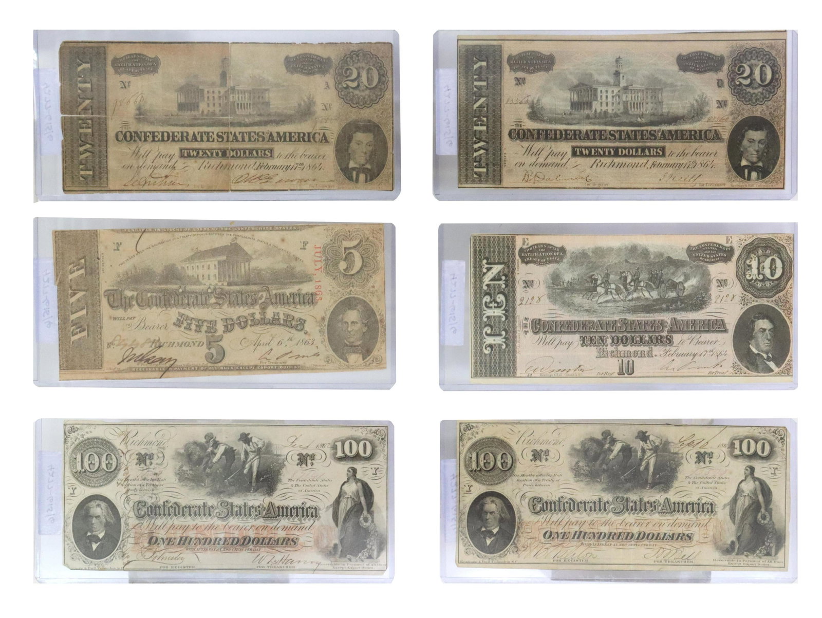 (6) CONFEDERATE CURRENCY, $100, $20, $10, $5: (6) Confederate States of America currency, all printed from engravings by Keatinge & Ball, Columbia, S.C,: (2) $100 notes, fourth issue, 1862, both with interest paid stamps at verso; (2) $20, Februa