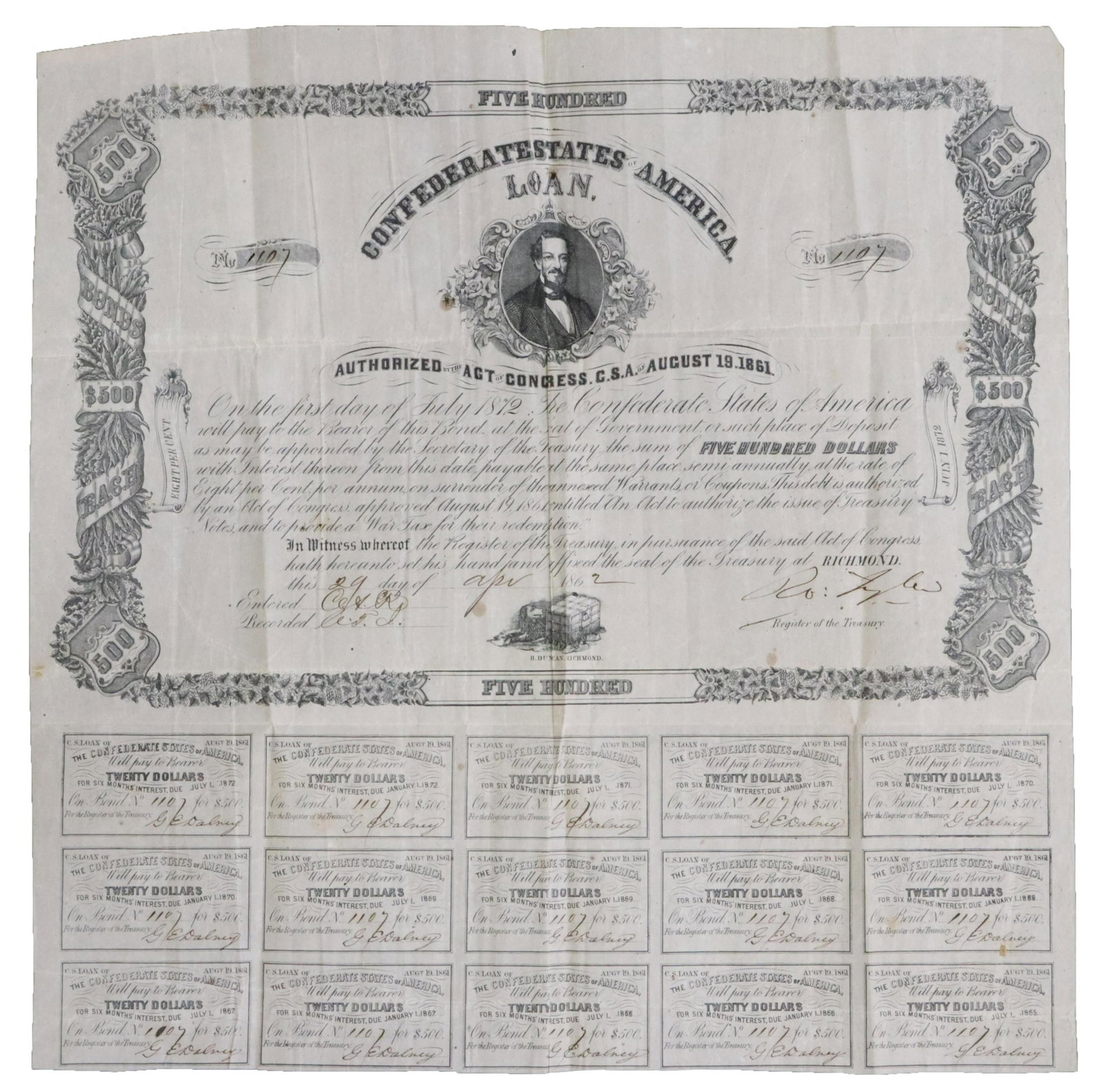 CONFEDERATE $500 BOND, ROBERT TYLER SIGNED: Confederate States of America bond, $500, issued April 29, 1862, signed by Robert Tyler (1816-1877, oldest son of the10th President of the United States John Tyler, Register of the Treasury, with 15 a