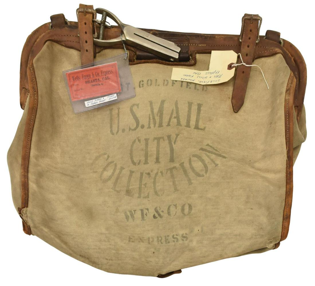 WELLS FARGO & CO. EXPRESS U.S. MAIL BAG & PUNCH: Wells Fargo & Company Express, U.S. Mail, City Collection, Agt. Goldfield (Nevada), heavy canvas with leather straps and edges, an attached ticket metal hole punch marked at one side "W.F. & Co's Ex."