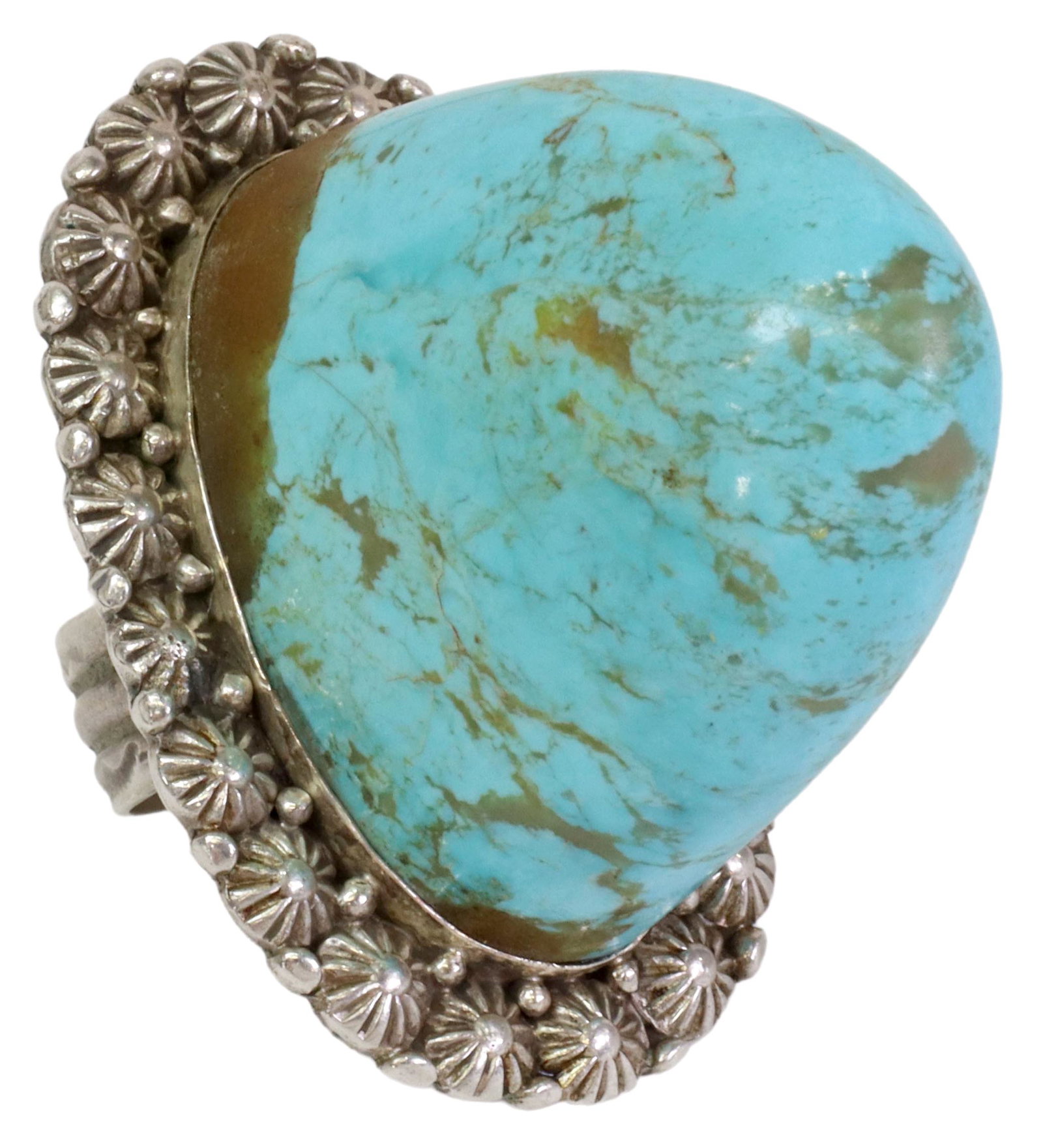 BEN BEGAYE (B.1960) NAVAJO LARGE TURQUOISE RING: Gent's Native American sterling silver ring, Ben Begaye (Navajo/ Dine, b.1960), tall turquoise cabochon, plaque: approx 2"h, 2 3/8"l, 1 5/8"w, approx size 11.25, 93.0 grams (inclusive of all materials