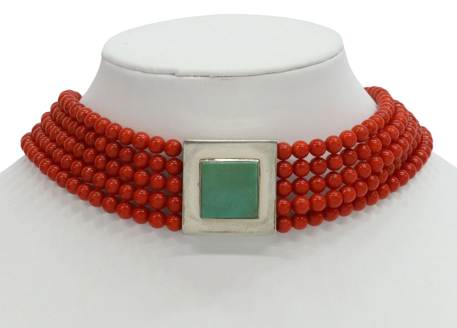 TONY AGUILAR JR. STERLING & RED CORAL CHOKER: Native American sterling silver, red coral and turquoise choker/ necklace, hallmarked A under a line (Tony Aguilar, Jr., Santo Domingo Pueblo, 20th c.), central sterling pendant with inset turquoise, 