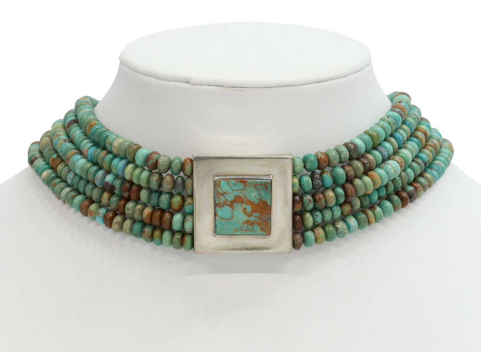 TONY AGUILAR JR. STERLING & TURQUOISE CHOKER: Native American sterling silver and turquoise choker/ necklace, hallmarked A under a line (Tony Aguilar, Jr., Santo Domingo Pueblo, 20th c.), central sterling pendant with inset turquoise, held by fiv