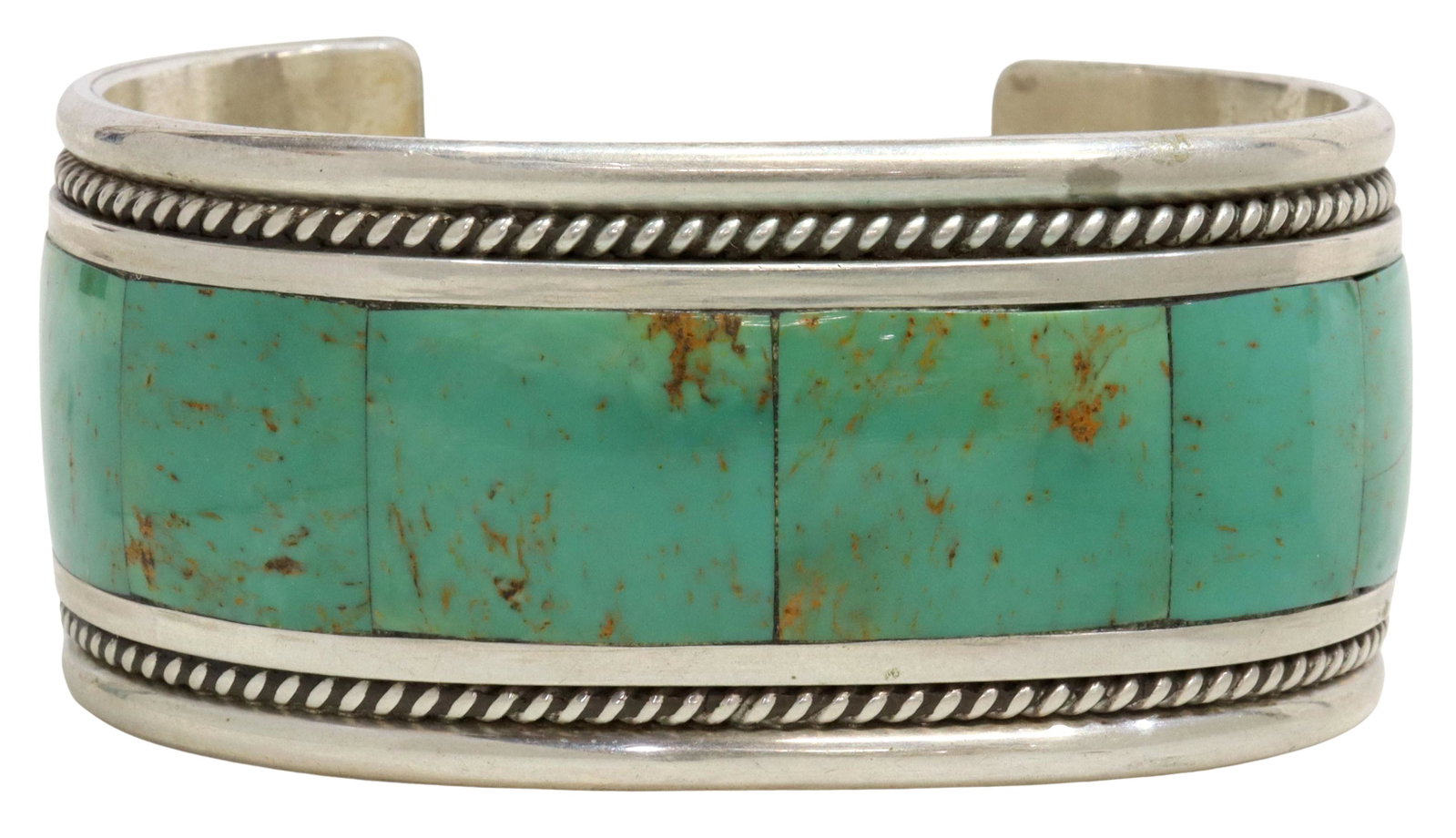 TONY AGUILAR JR. SANTO DOMINGO INLAID SILVER CUFF: Native American inlaid sterling silver cuff bracelet, hallmarked A under a line (Tony Aguilar, Jr., Santo Domingo Pueblo, 20th c.), central mosaic turquoise inlay, centered by twisted accent, approx 1