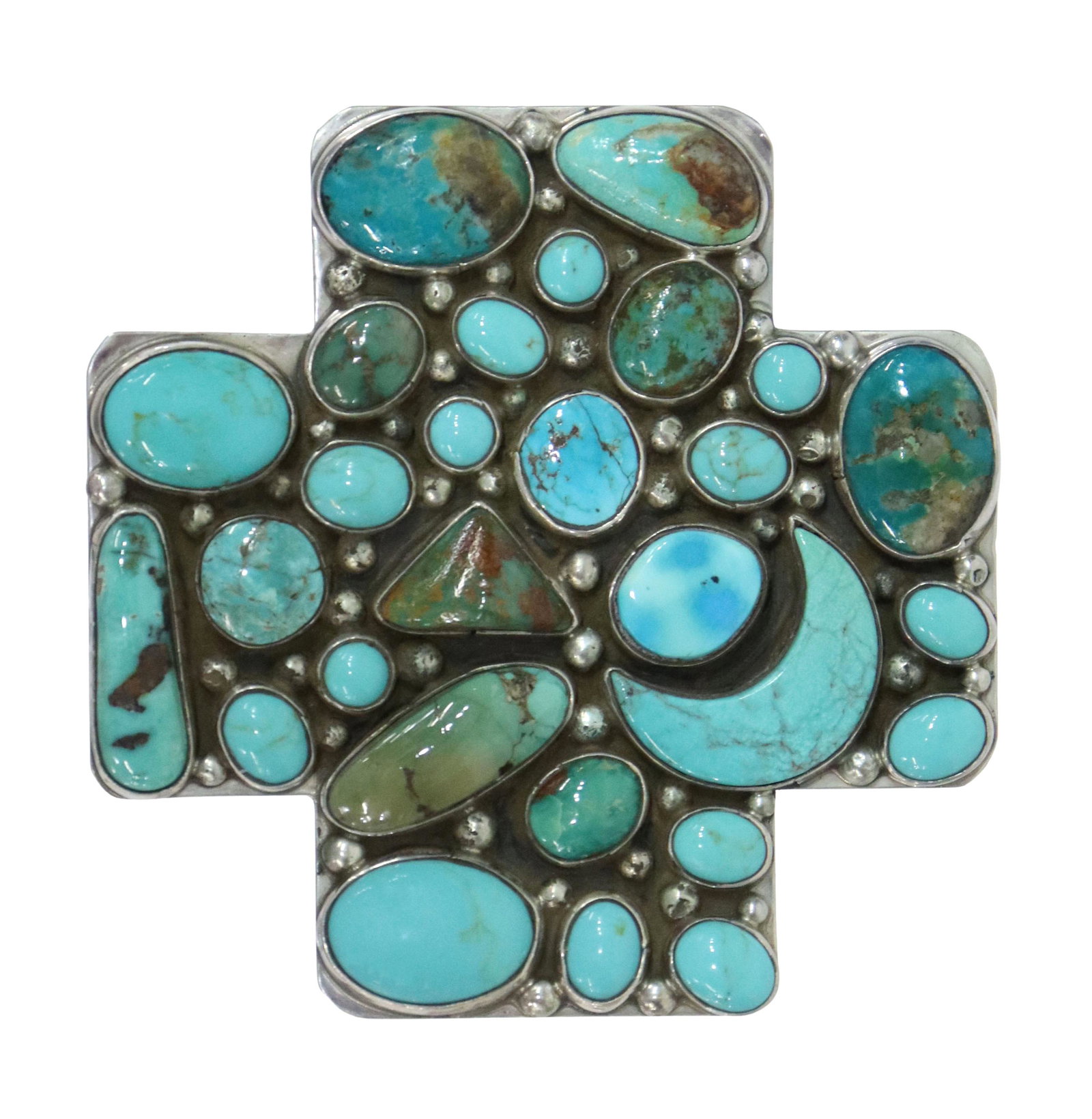 KEE COOK NAVAJO STERLING & TURQUOISE BELT BUCKLE: Native American sterling silver and turquoise belt buckle, signed Kee Cook (Navajo/ Dine, 20th c.), further marked Happy Trails, sterling ground with interspersed silver balls, set with numerous turqu