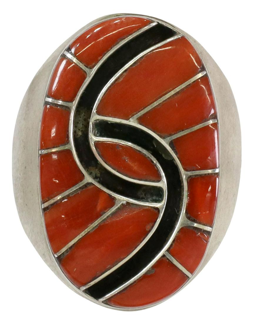 AMY WESLEY (B.1953) ZUNI CORAL CHANNEL INLAY RING: Gent's Native American silver (content unknown) ring, Amy (Amy Quandelacy Wesley, Zuni Pueblo, b.1953), red coral channel inlay, approx size 10.75, 22.0 grams (inclusive of all materials) **Provenance