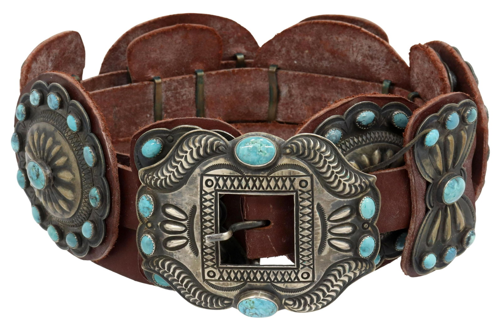 KIRK SMITH (1957-2012) 925 & TURQUOISE CONCHO BELT: Native American sterling and turquoise concho belt, signed on buckle only Kirk Smith (Navajo/ Dine, 1957-2012), (one) stamped buckle, (five) oval scalloped and stamped conchos and (six) bow ties, each