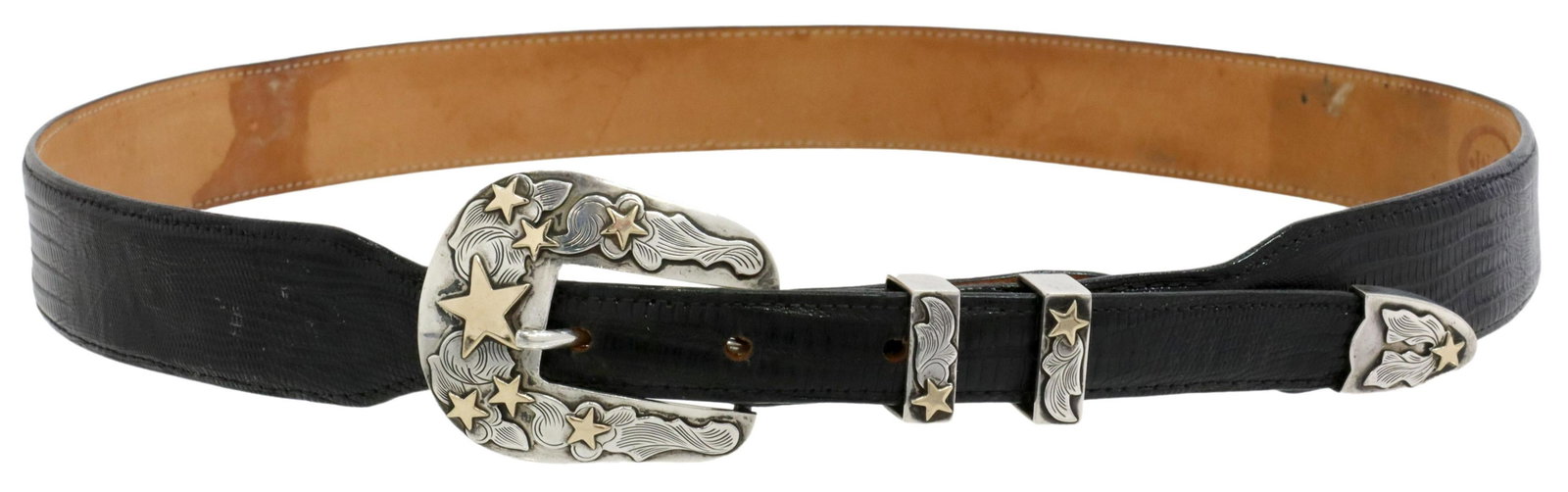EDWARD BEARD SANTA FE 925 & 14KT BUCKLE SET & BELT: Southwest sterling silver and 14kt gold overlay buckle set, signed Edward Beard, Santa Fe, scrolled clouds interspersed with gold stars, (one) buckle, (two) keepers and (one) tip, mounted on a RDM (Ra