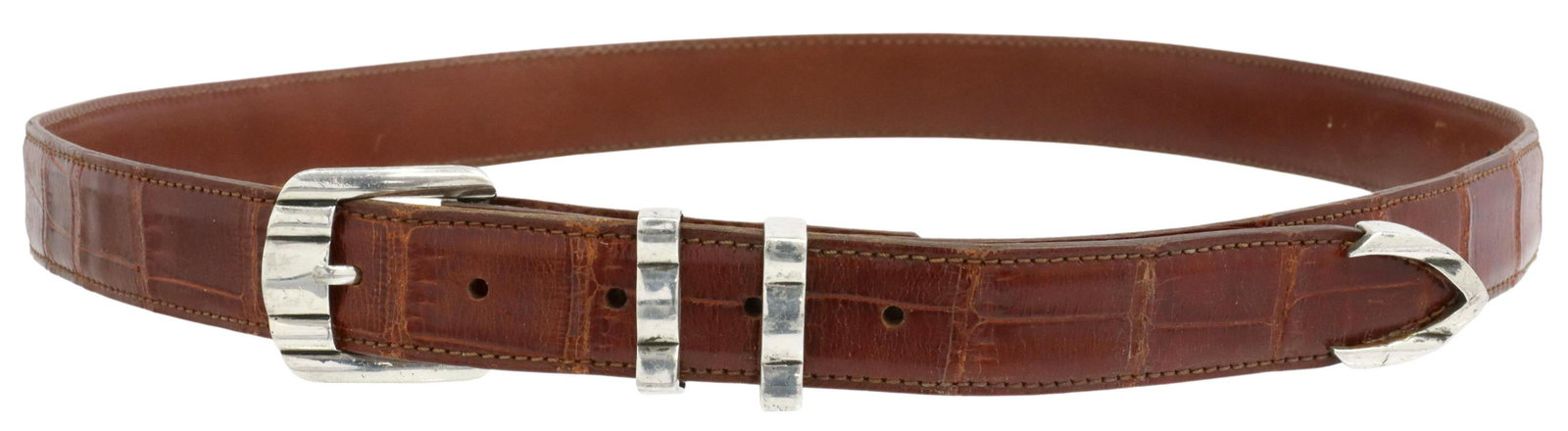 SOUTHWEST STERLING SILVER BUCKLE SET & BELT: Southwest sterling silver buckle set, signed James ????, Santa Fe, New Mexico, simple design, (one) buckle, (two) keepers and (one) tip, on a Labelle brown alligator leather belt, size 36, slight wear