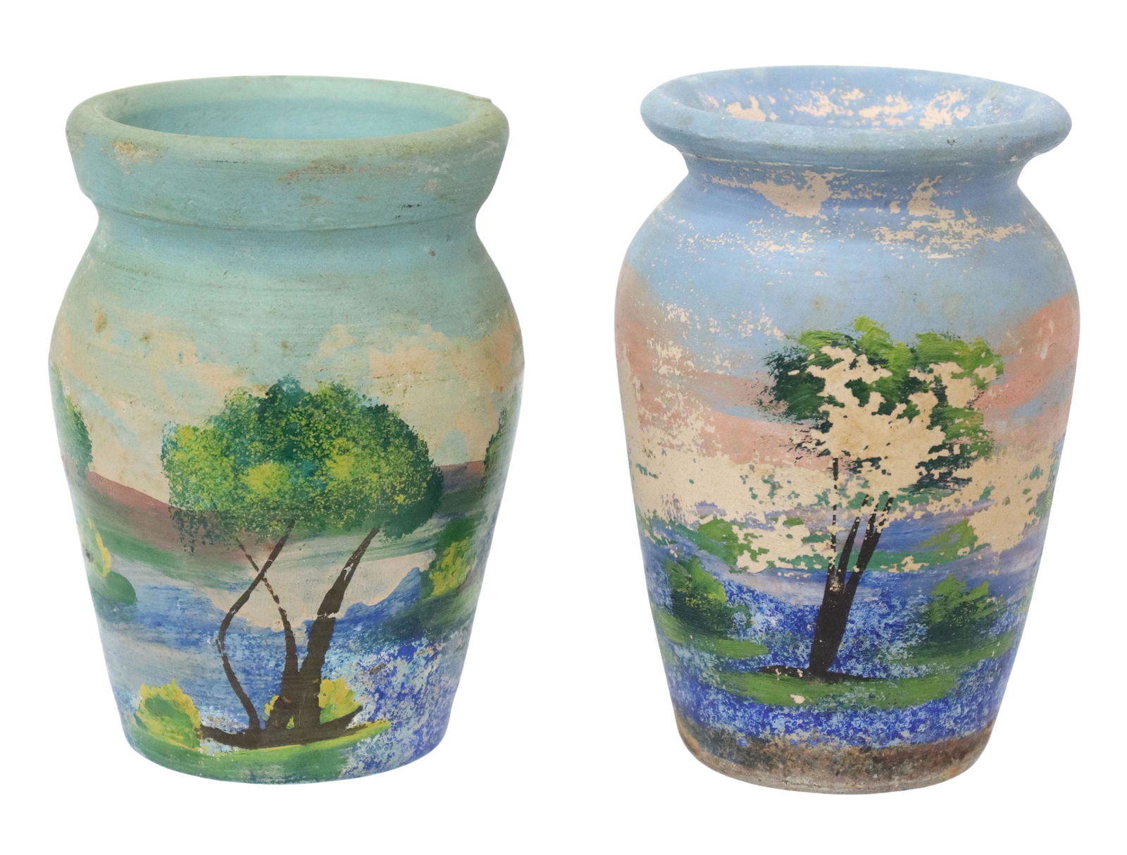 (2) TEXAS MEYER BLUEBONNET PAINTED POTTERY VASES: (lot of 2) Texas Meyer hand-painted pottery vases, San Antonio, 1887-1962, both decorated with bluebonnets and live oak trees, unsigned, paint loss, largest: approx 5"h, 3.5"diam, 1lbs total Start Pri