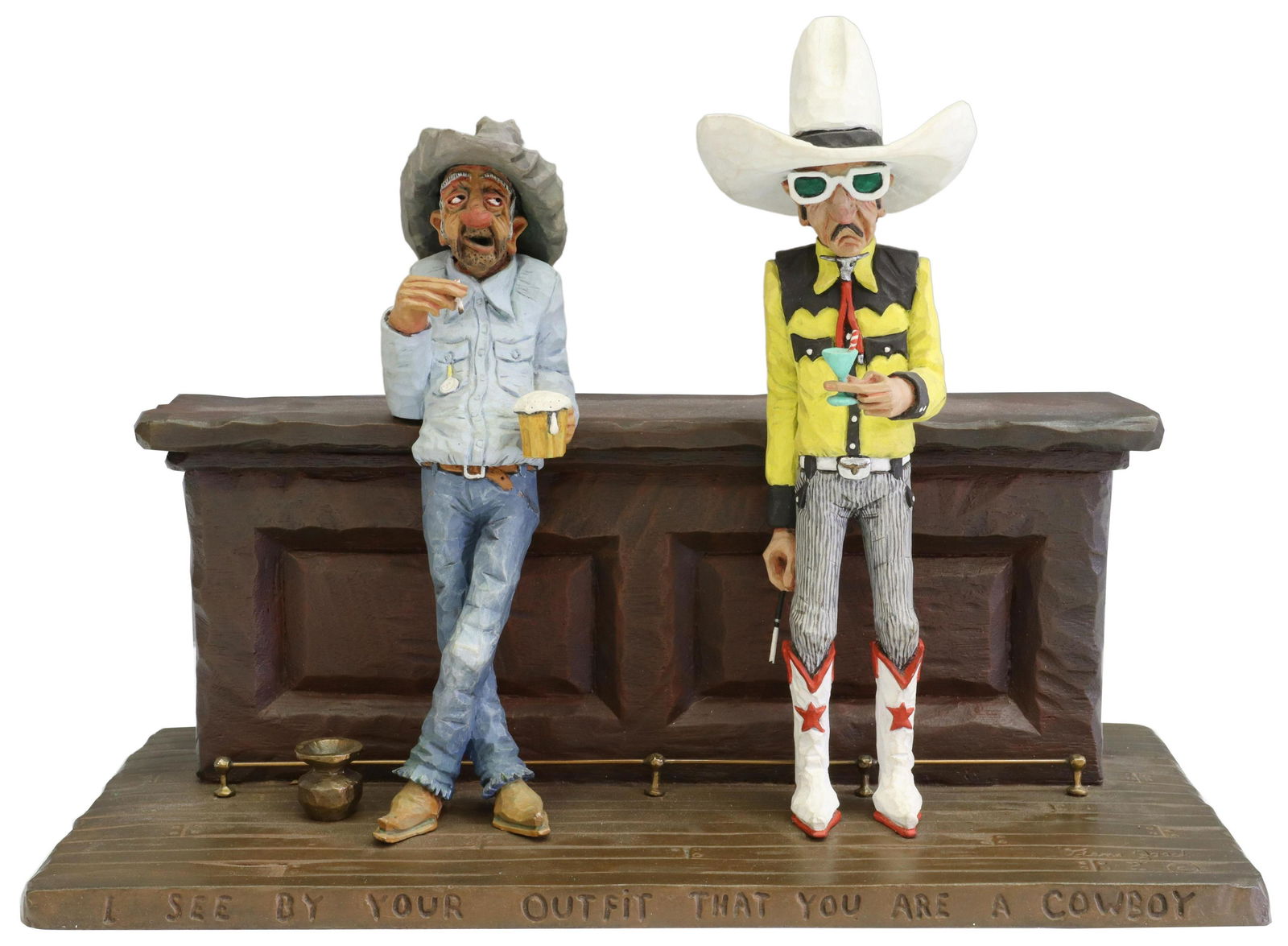 GENE ZESCH (TX, B.1932) BRONZE COWBOYS AT THE BAR: Western cold painted bronze sculpture, "I see by your outfit that you are a cowboy," signed in cast Gene Zesch (Texas, b.1932), numbered 17/ 50, copyright 1977, approx 9.5"h, 13"w, 6.75"d, 19lbs Start
