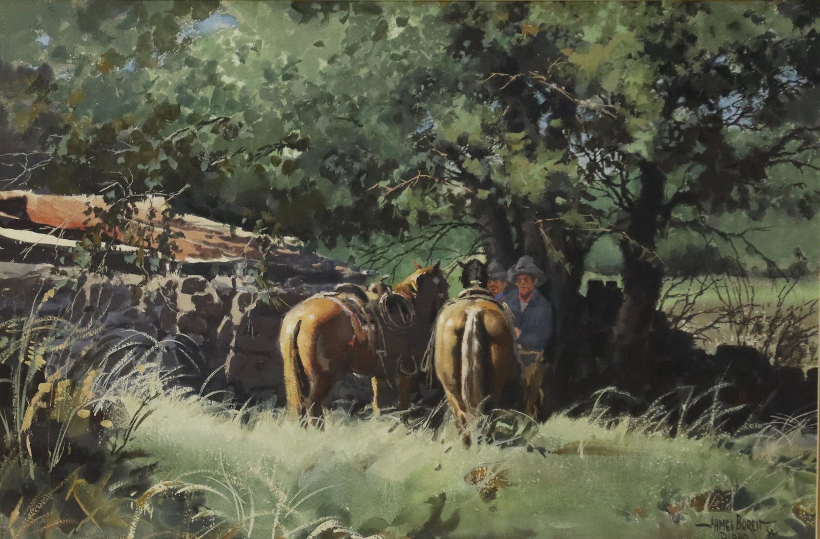 JAMES BOREN (TX, 1921-1990) 'A SHADY SPOT' W/C: Framed watercolor and gouache painting on paper, "A Shady Spot," signed lower right James Boren CA (Oklahoma, Texas, 1921-1990), dated 1980, sight: approx 14.25"h, 21.25"w, overall: 24.5"h, 31.5"w, 9.