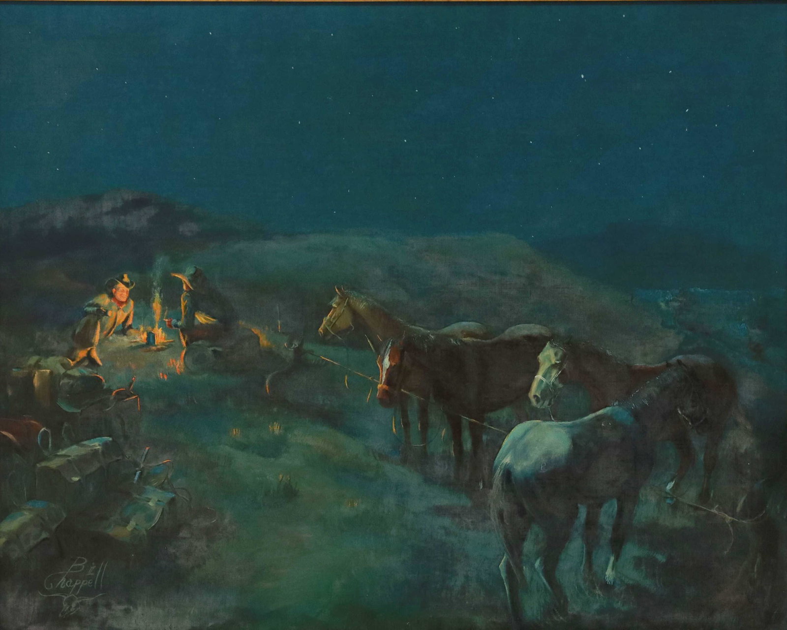 BILL CHAPPELL (TX, 1919-2010) NIGHT CAP, 24" X 30": Framed oil on canvas painting, "Night Cap," signed lower left B. Chappell (Bill Chappell, Colorado, Texas, 1919-2010), titled on back stretcher, sight: approx 23.5"h, 29.5"w, overall: 30.5"h, 36.5"w, 