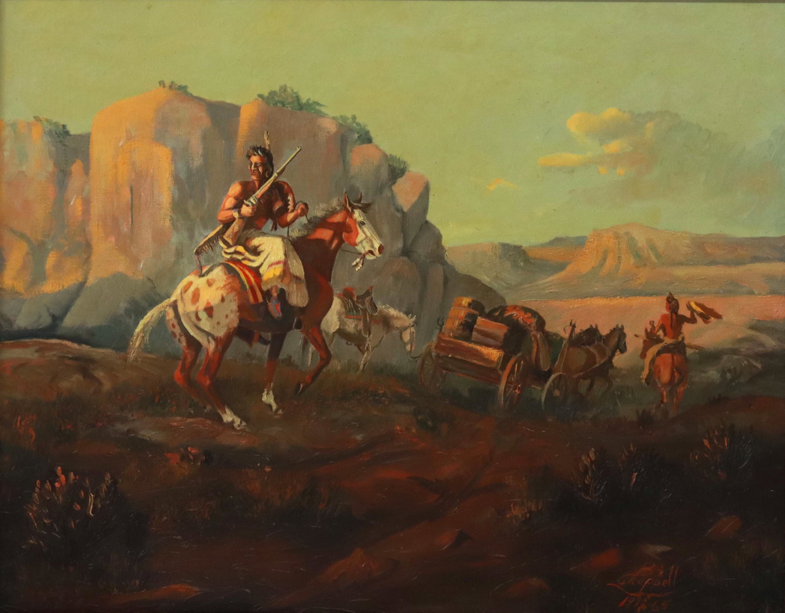 BILL CHAPPELL (TX, 1919-2010) GOOD LOOT, 22" X 28": Framed oil on canvas painting, "Good Loot," signed lower right B. Chappell (Bill Chappell, Colorado, Texas, 1919-2010), dated 1965, titled on back stretcher, sight: approx 21.25"h, 27.25"w, overall: 2