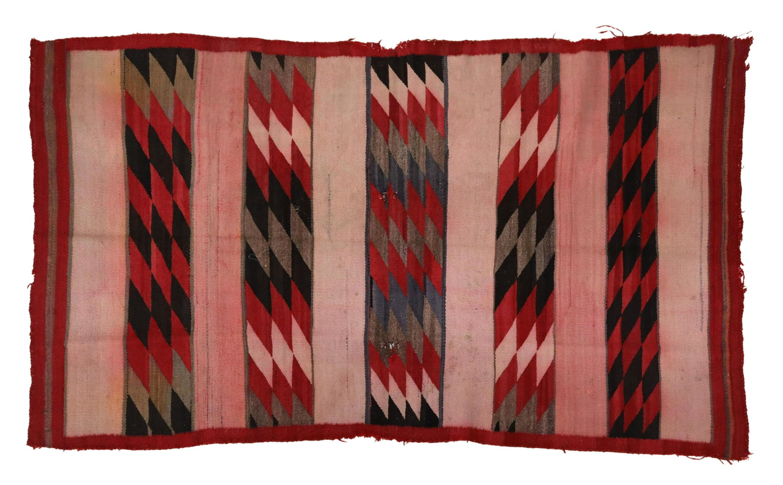 NAVAJO WOOL DOUBLE SADDLE BLANKET, 5'6" X 3'2": Native American handspun wool double saddle blanket, Navajo, some losses and repairs, color bleeding, approx 5'6"l, 3'2"w, 3lbs Start Price: $100.00