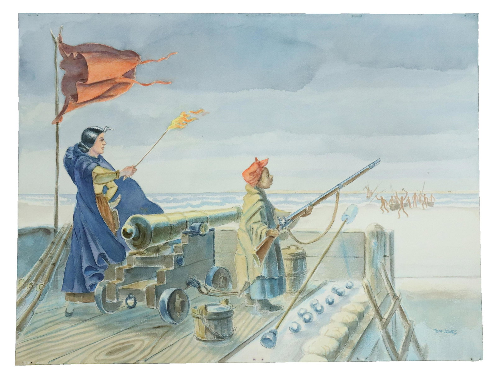 TOM JONES (D.2000) W/C ILLUSTRATION MOTHER OF TX: Unframed watercolor painting on paper, Jane Herbert Wilkinson Long (1798-1880) and Kian Defending Bolivar Point from Karankawa Attack, signed lower right Tom Jones (Texas, 1920-2000), numbered 14 vers