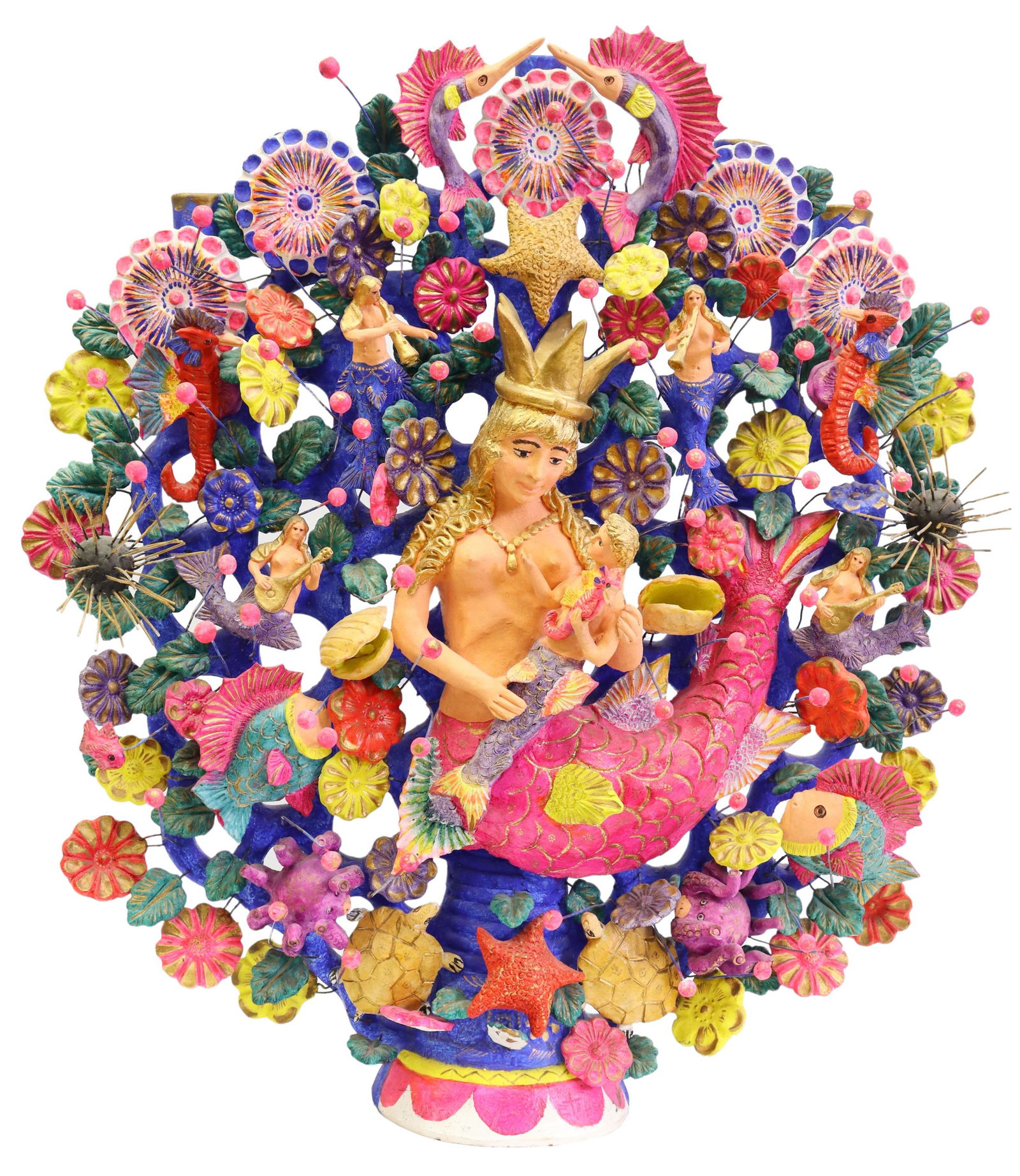 TIBURCIO SOTENO (B.1952) ARBOL DE LA VIDA, 35"H: Arbol de la vida (tree of life) pottery five-light candelabrum, signed Tiburcio Soteno (Tiburcio Soteno Fernandez, Metepec, Mexico, b.1952), parcel gilt and polychrome painted, crowned mermaid holding