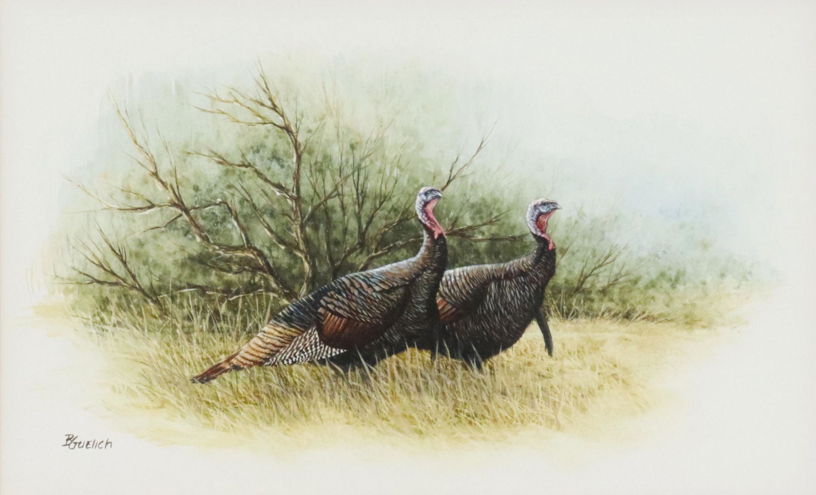BOB GUELICH (TX, B.1944) WILD TURKEYS WATERCOLOR: Framed watercolor and gouache painting on artist's board, Wild Turkeys, signed lower left B. Guelich (Bob Guelich, Texas, b.1944), sight: approx 8.75"h, 14"w, overall: 17.5"h, 22.75"w, 4.5lbs Start Pr
