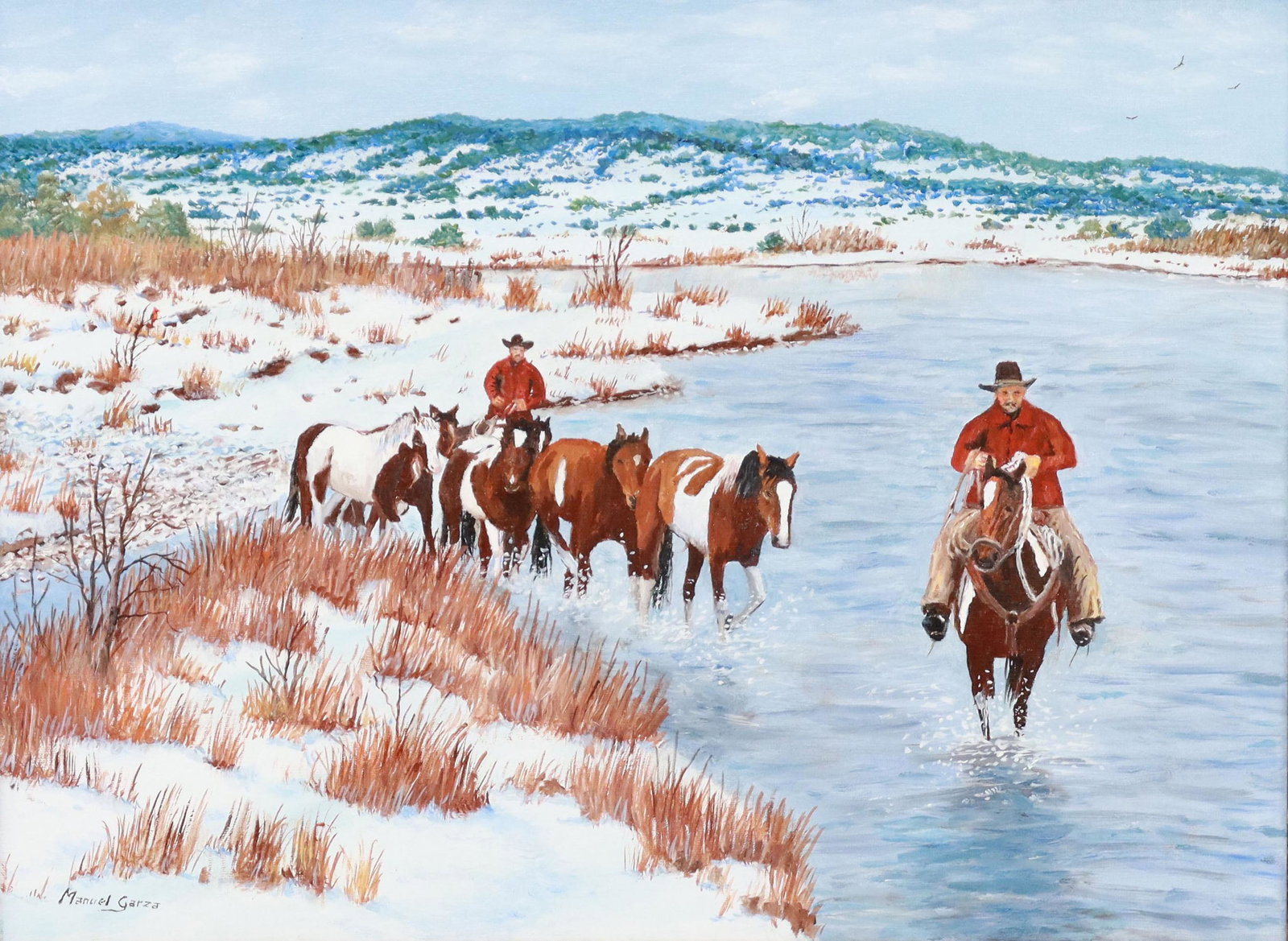 MANUEL GARZA (TX, B.1940), HORSES DRIVE, 12" X 16": Framed oil on canvas painting, "Horses Drive," signed lower left Manuel Garza (Texas, b.1940), sight: approx 11.75"h, 15.75"w, overall: approx 20.5"h, 24.5"w, 7.5lbs Start Price: $800.00