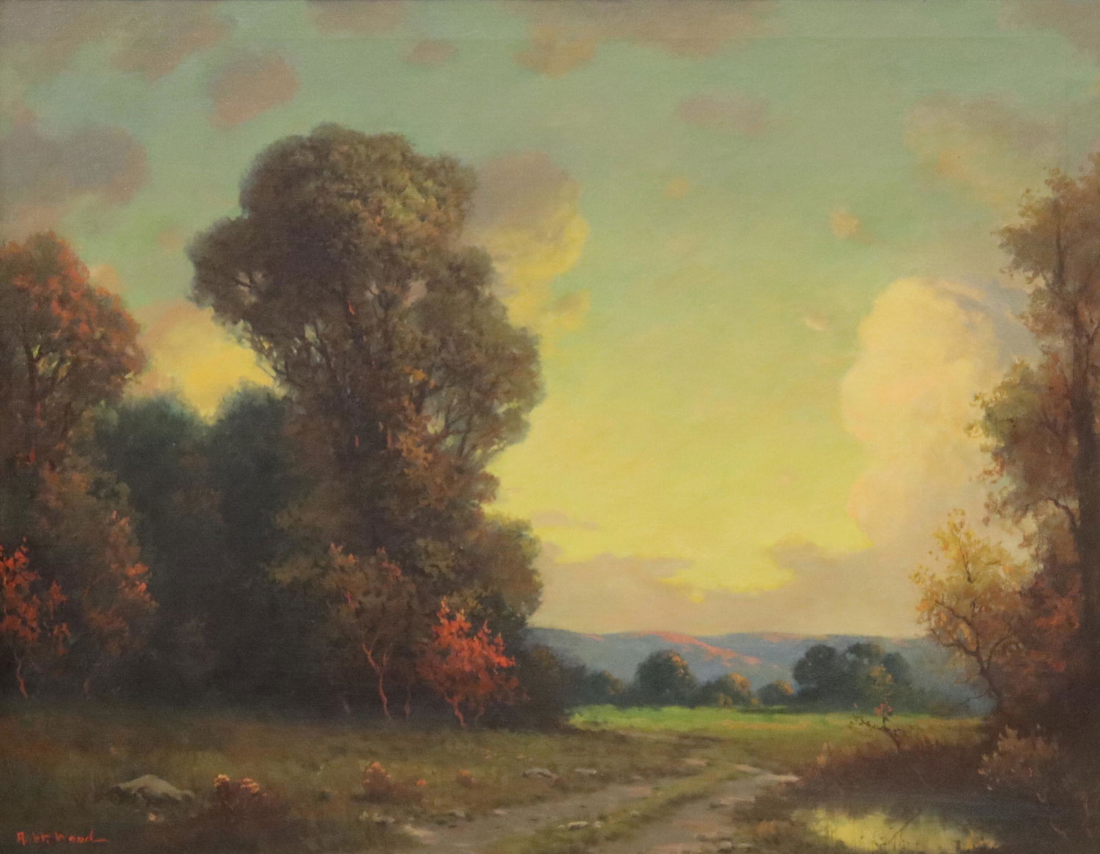 ROBERT WOOD (1889-1979) TEXAS LANDSCAPE, 28" X 36": Framed oil on canvas painting, "Distant Hills, Texas," signed lower left Robt. Wood (Robert William Wood, California, Texas, 1889-1979), signed again and titled at back stretcher, sight: approx 27.5"h