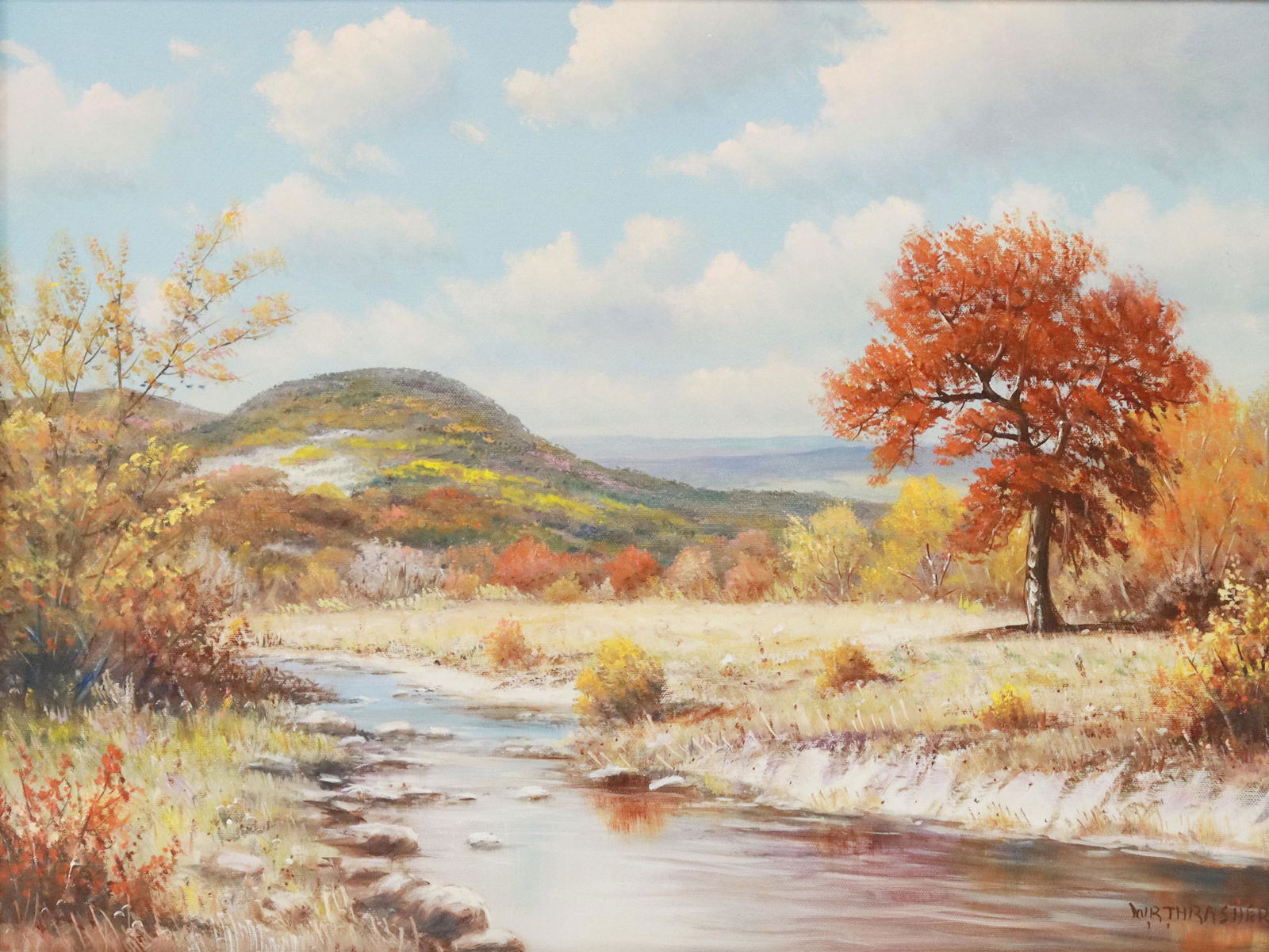 W.R. THRASHER (D.1997) AUTUMN LANDSCAPE, 18" X 24": Framed oil on canvas painting, Autumn Hill Country Landscape, signed lower right W.R. Thrasher (William Robert Thrasher, Texas, 1908-1997), sight: approx 17.25"h, 23.25"w, overall: 25.5"h, 31.5"w, 5.7